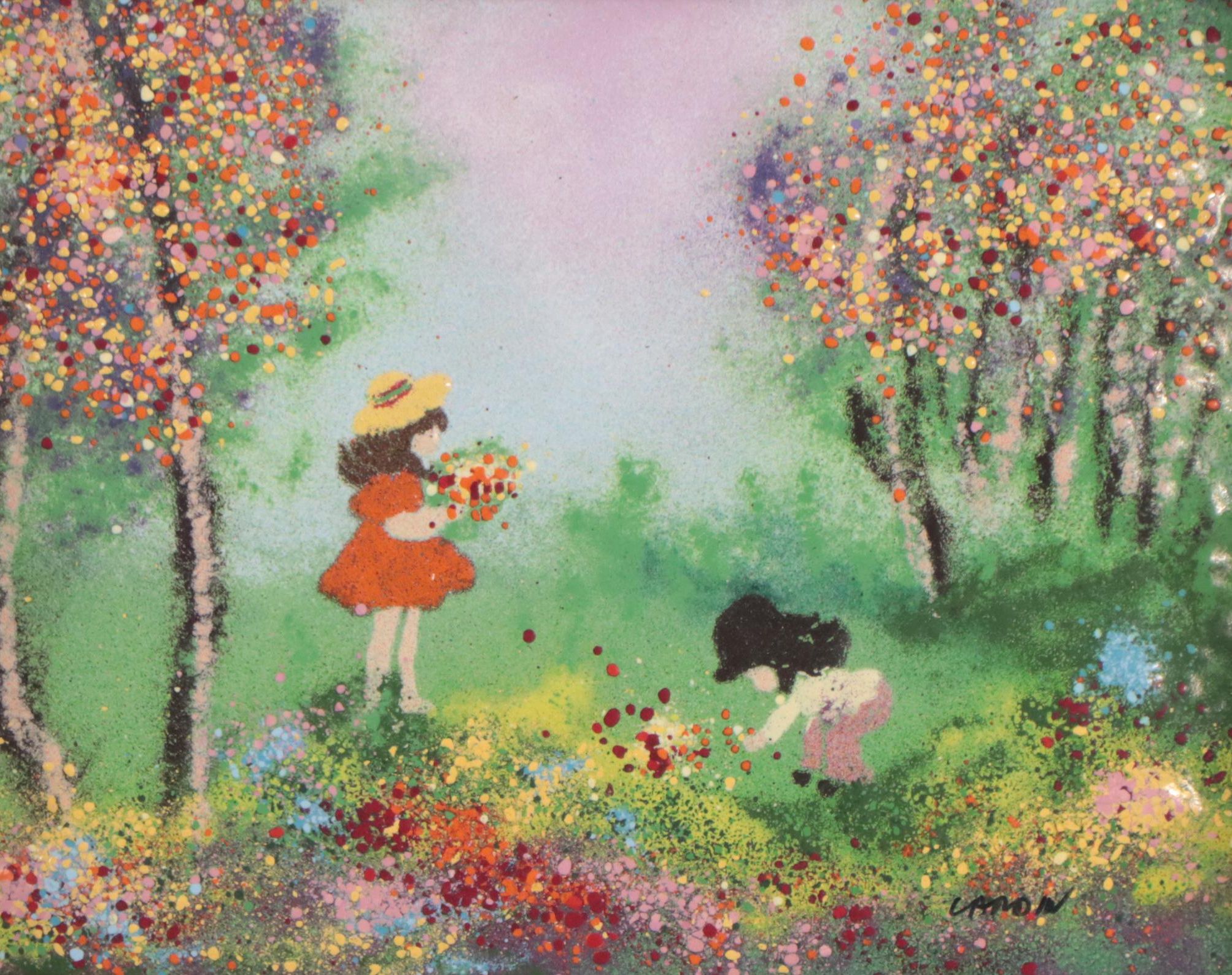 Louis Cardin Impressionist Style Enamel Painting of Two Young Girls