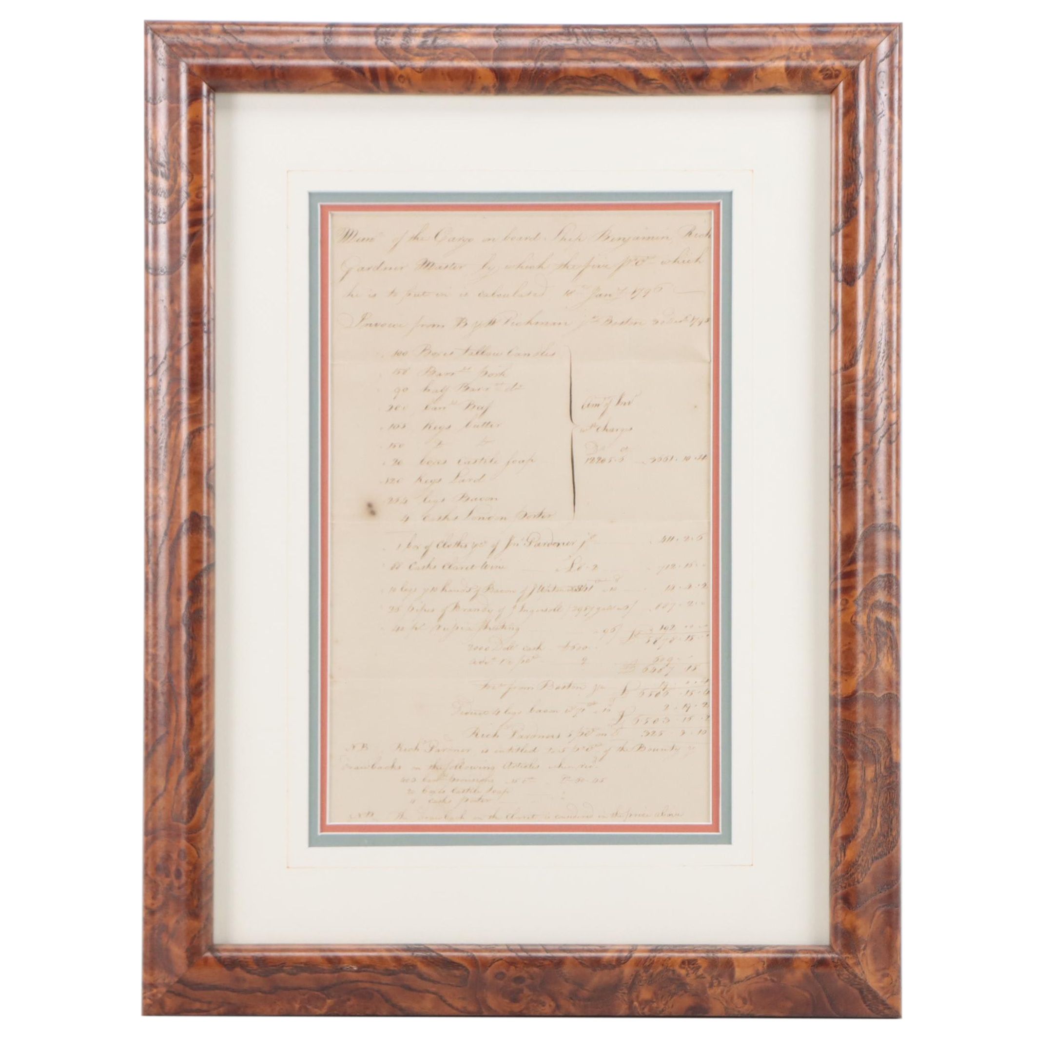 Hand-Scripted Ship Cargo Invoice, Circa 1795