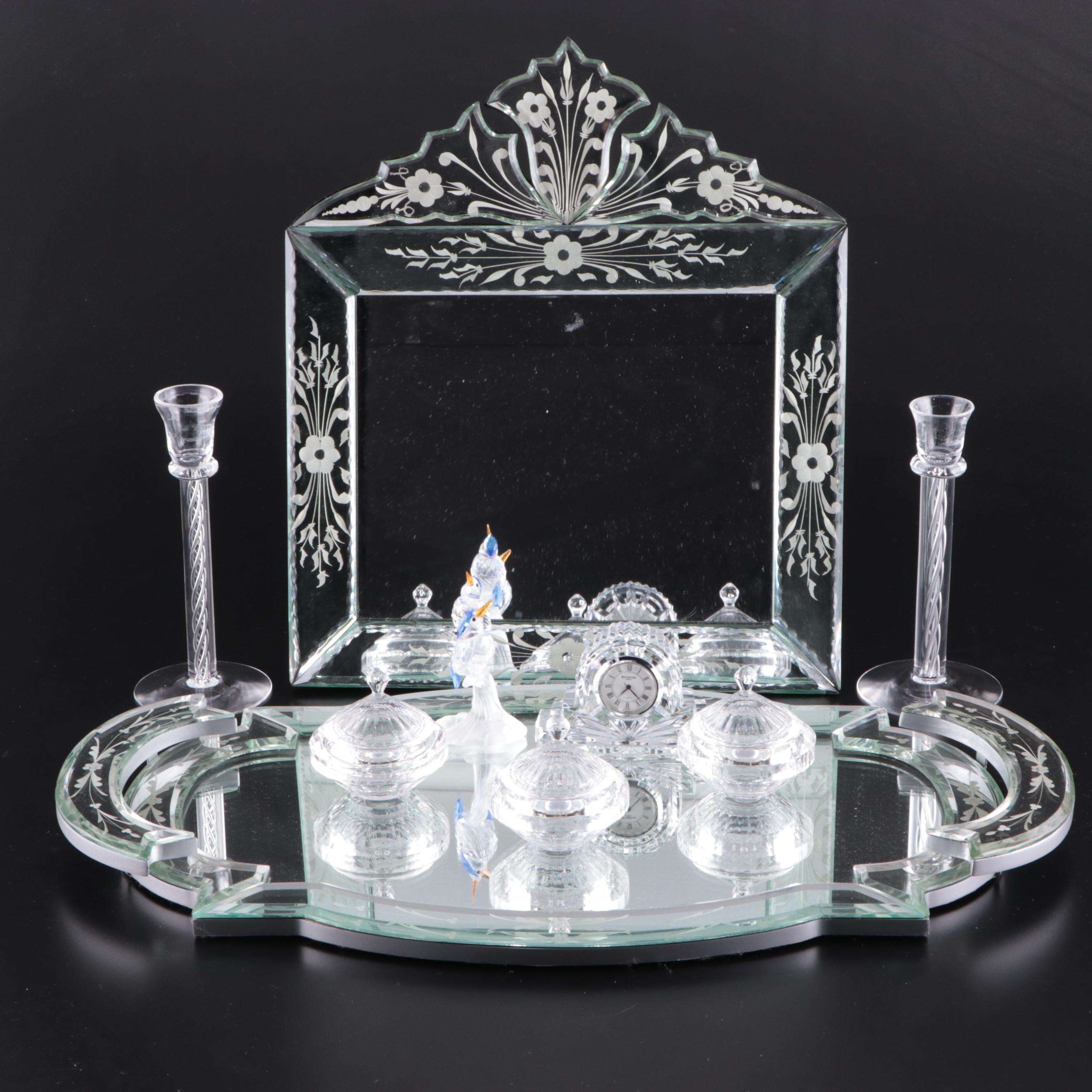 Waterford Crystal Desk Clock with Etched Glass Mirror and Other Decor