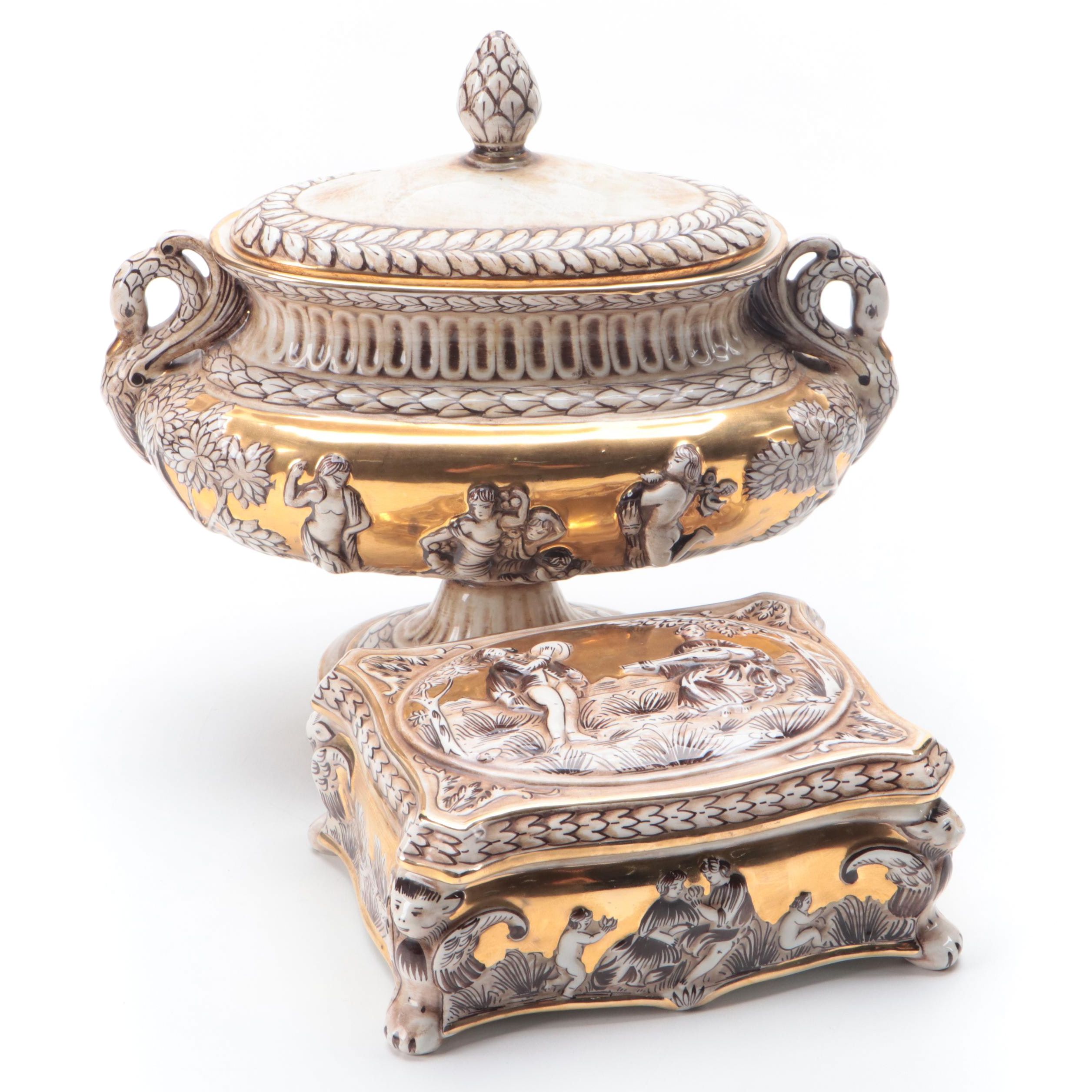 Italian Capodimonte Porcelain Urn and Box