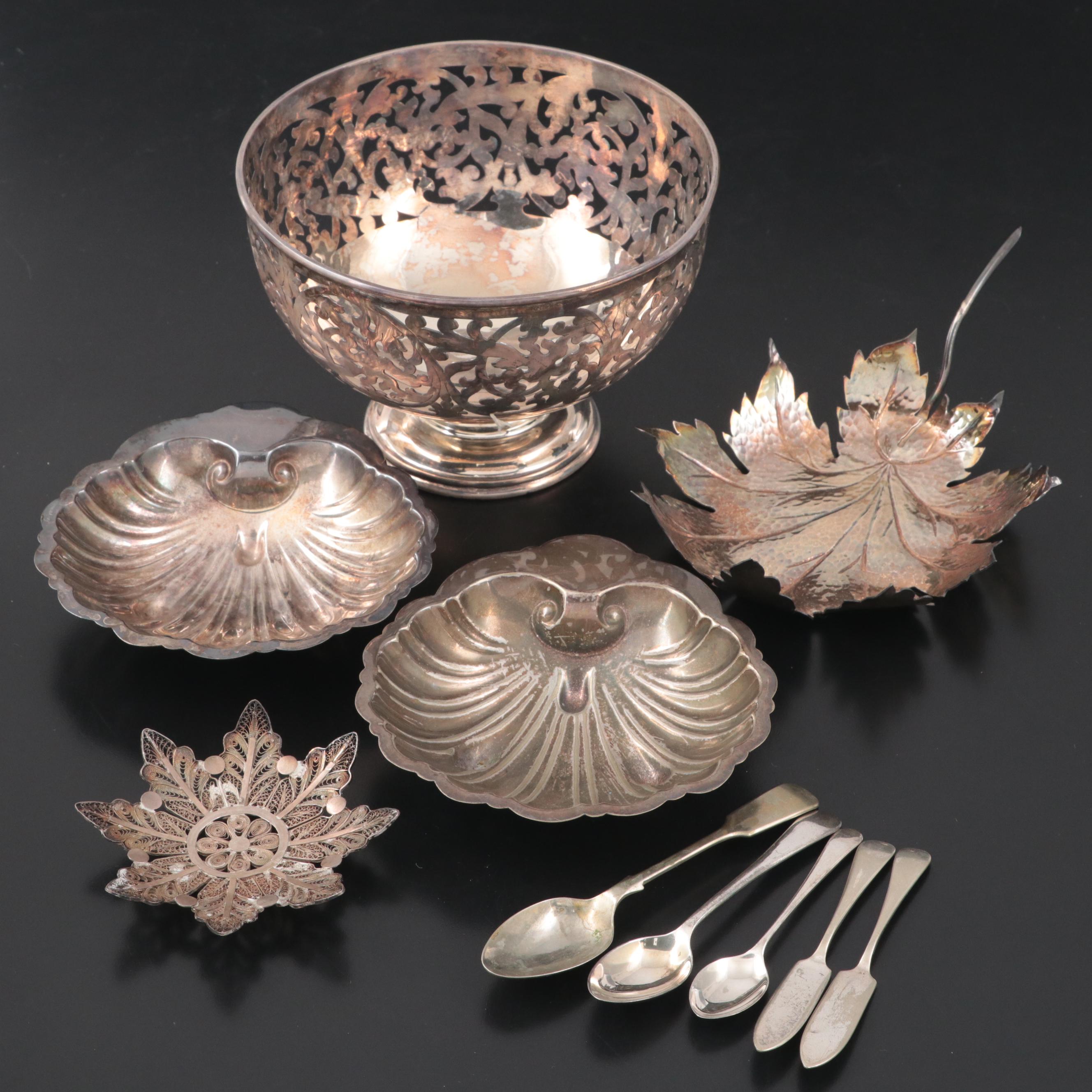 Silver Plate Shell Shaped and Other Bowls and Utensils