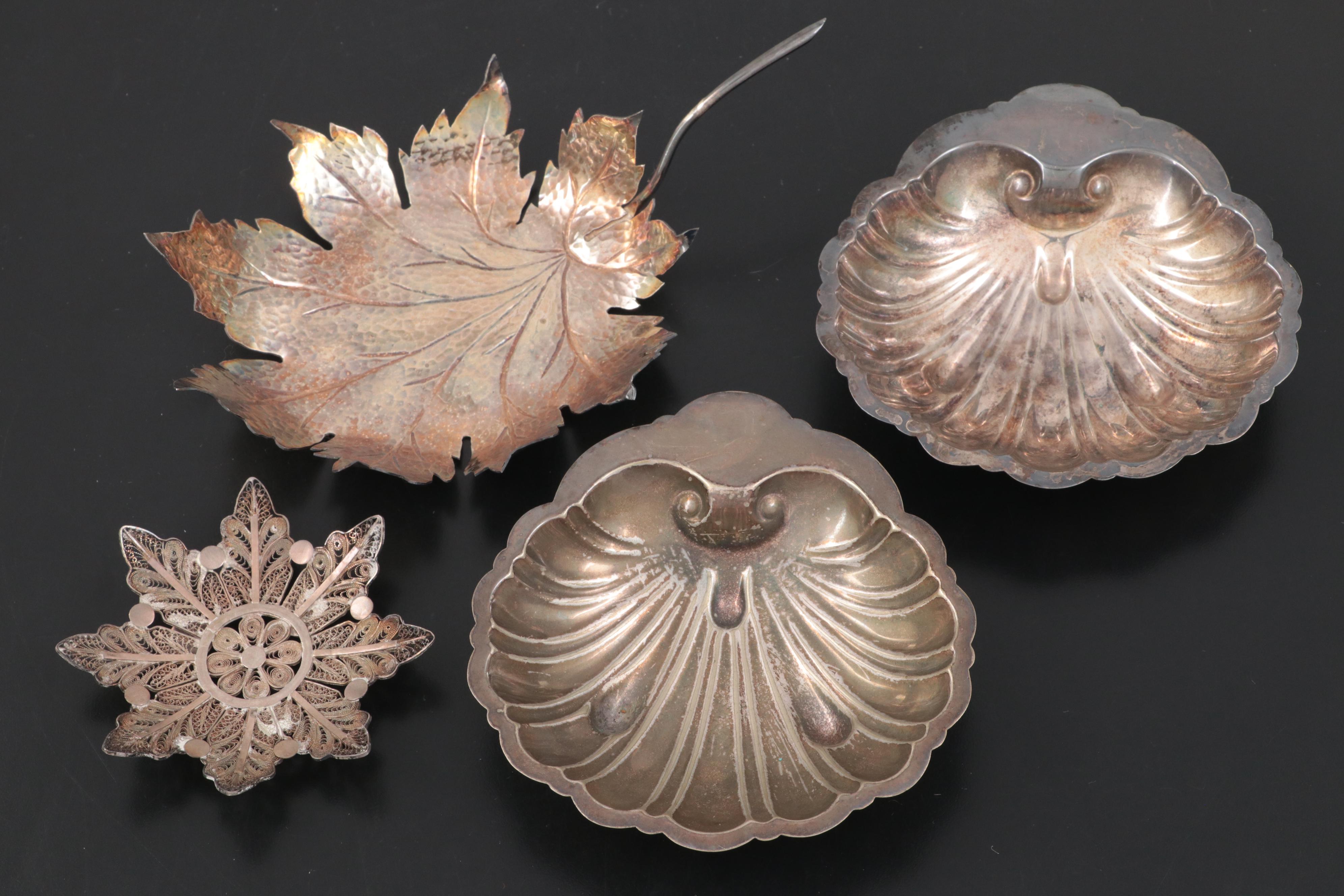 Silver Plate Shell Shaped and Other Bowls and Utensils
