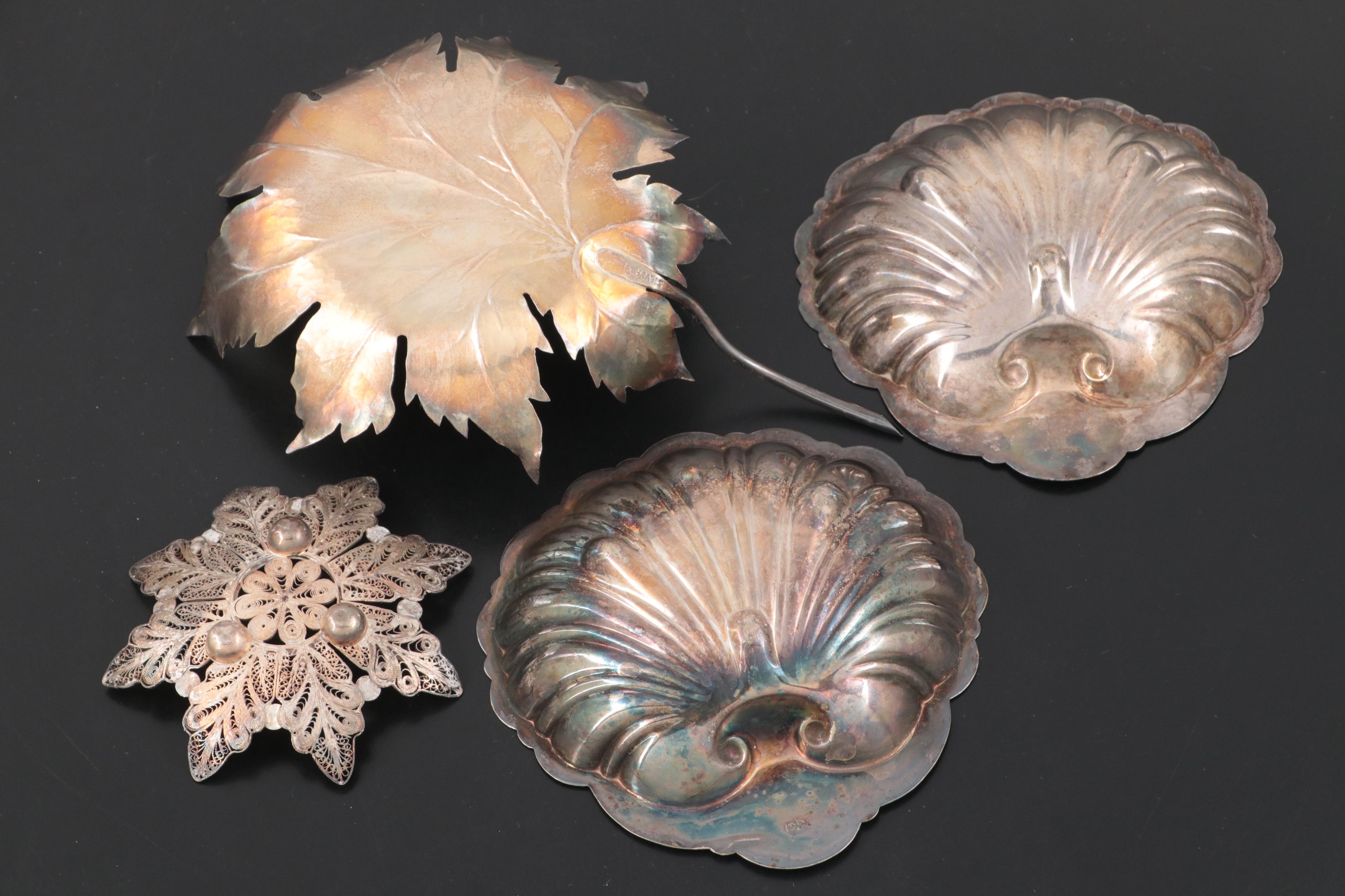 Silver Plate Shell Shaped and Other Bowls and Utensils