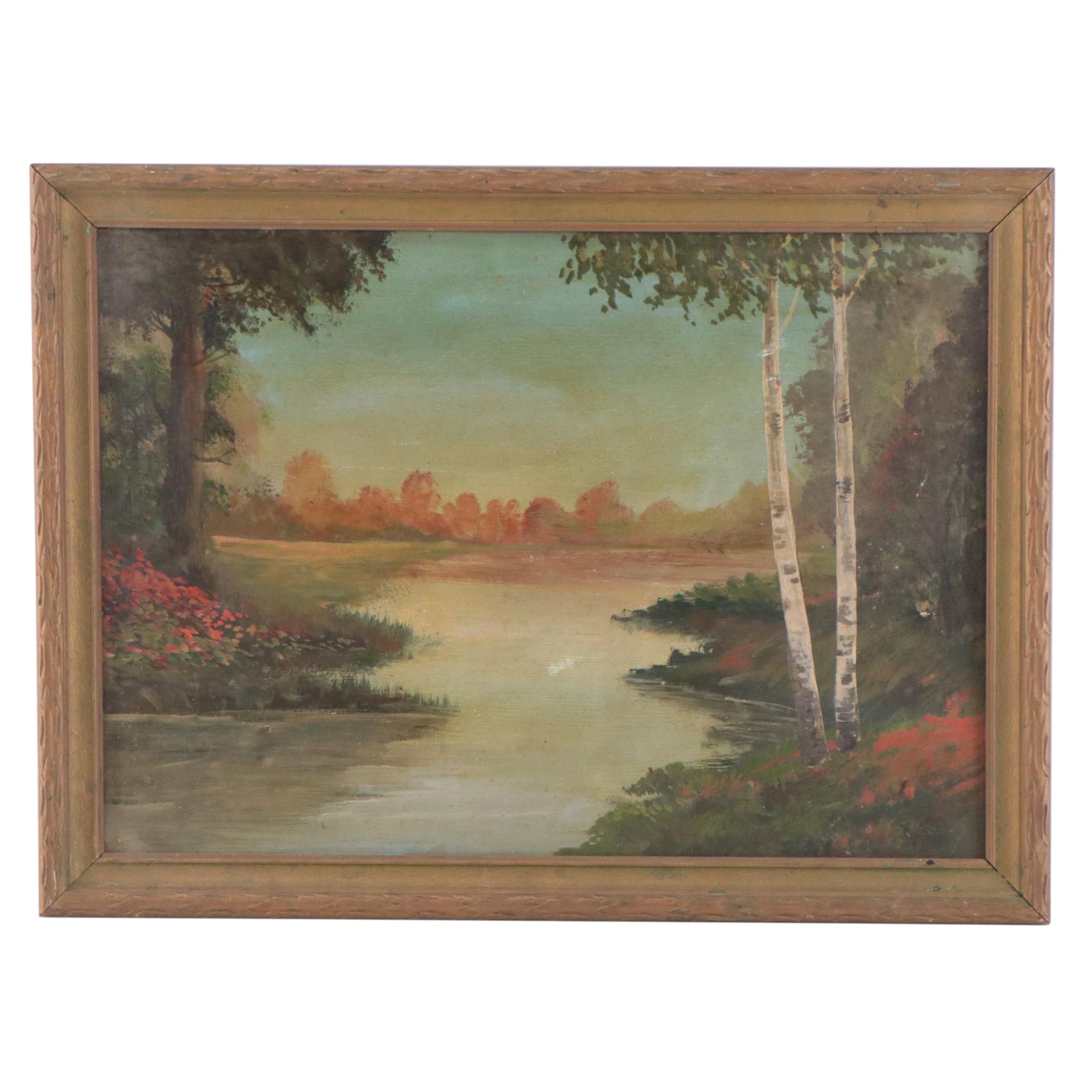 Naive Pond Landscape Oil Painting, 1932
