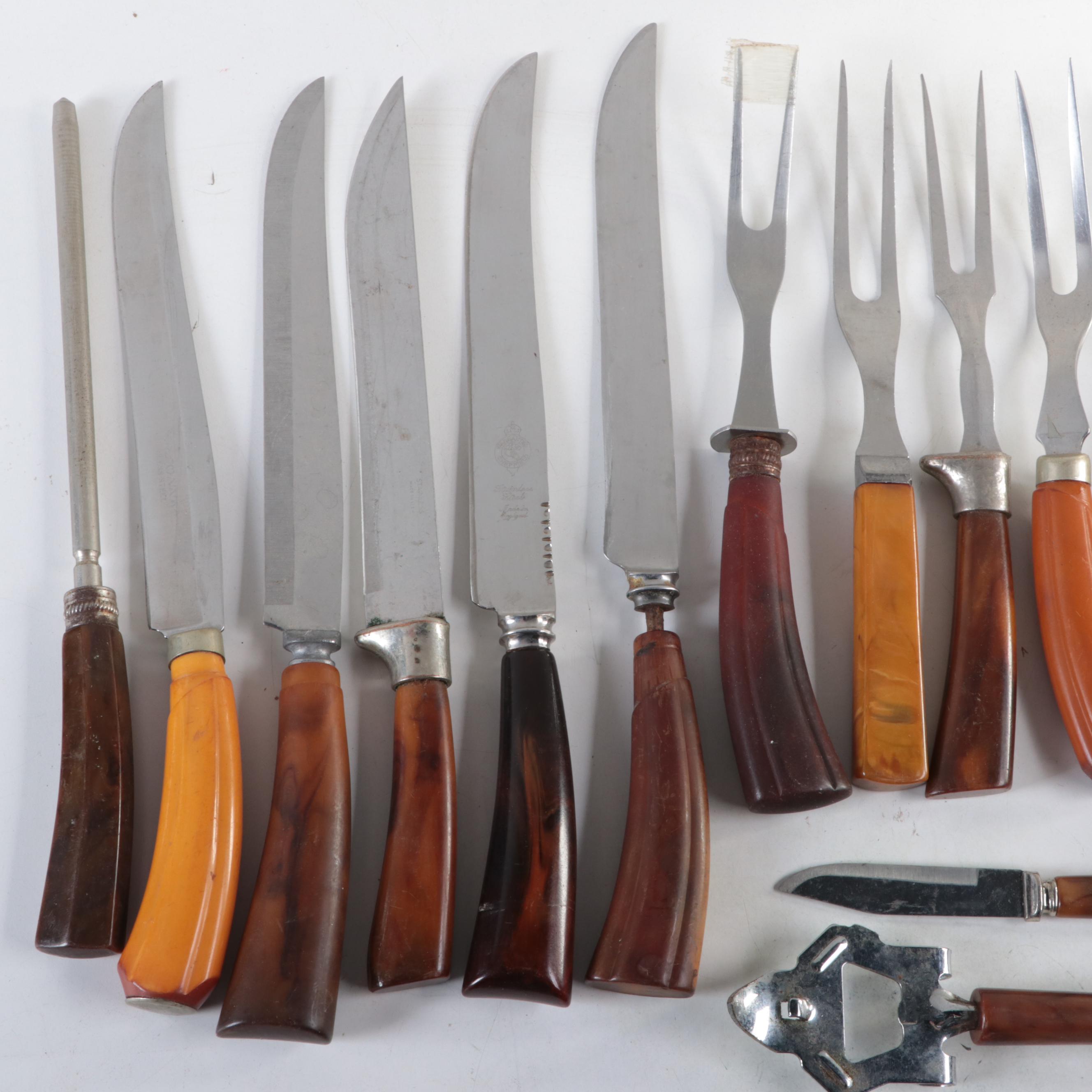 Bakelite Handled Carving Sets and Other Utensils, Early to Mid-20th Century