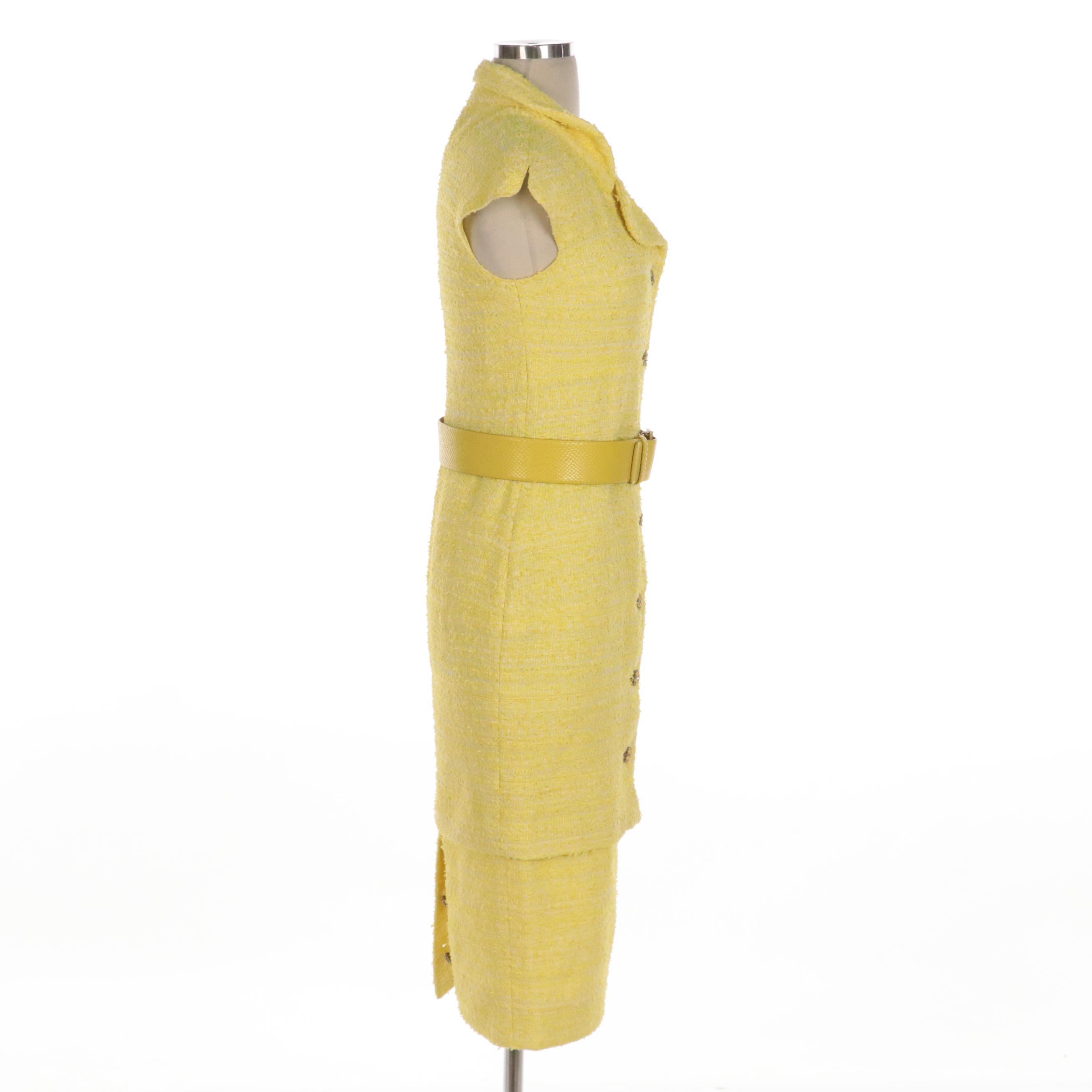 Chanel Yellow Tweed Midi Dress with Crystal Buttons and Snakeskin Embossed Belt