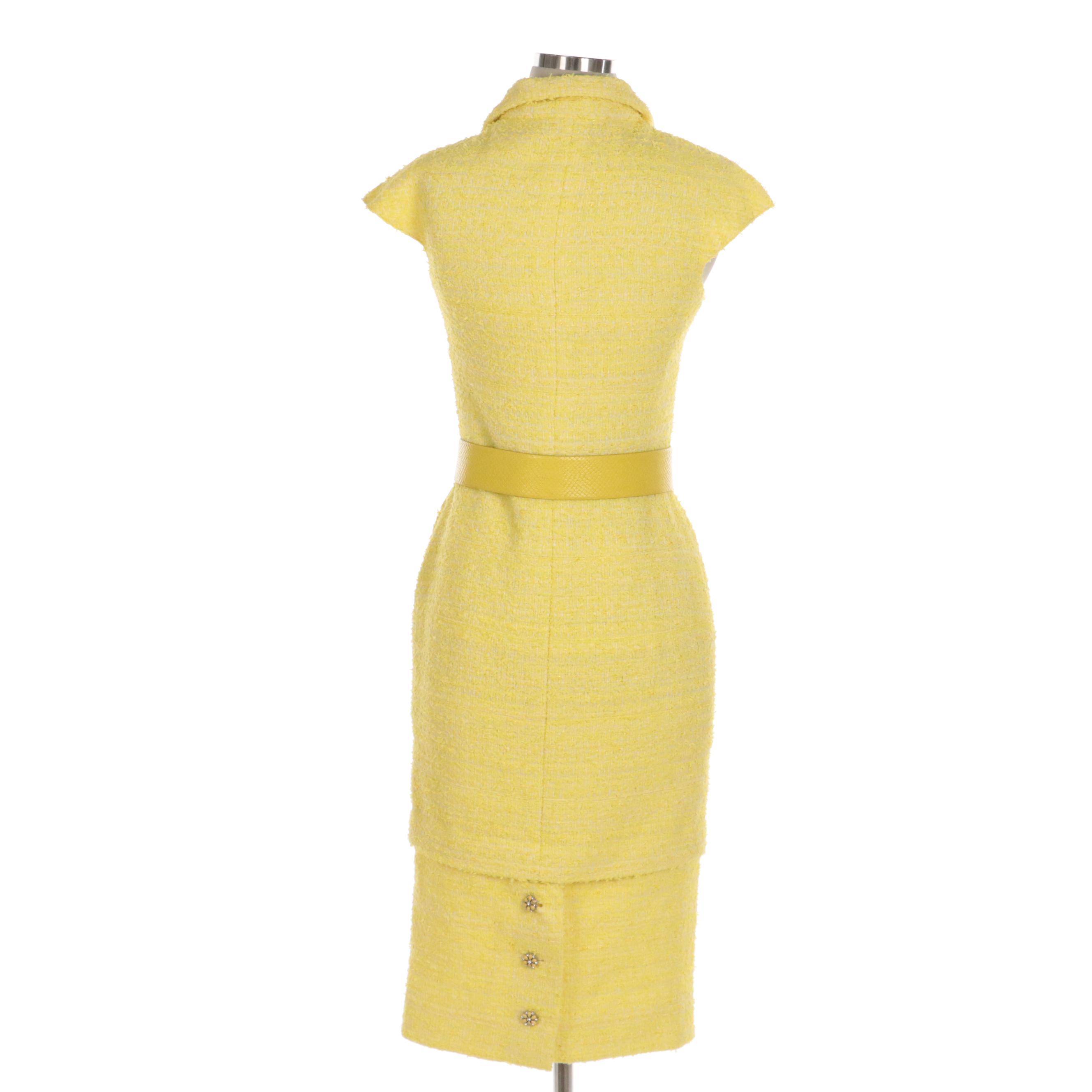 Chanel Yellow Tweed Midi Dress with Crystal Buttons and Snakeskin Embossed Belt