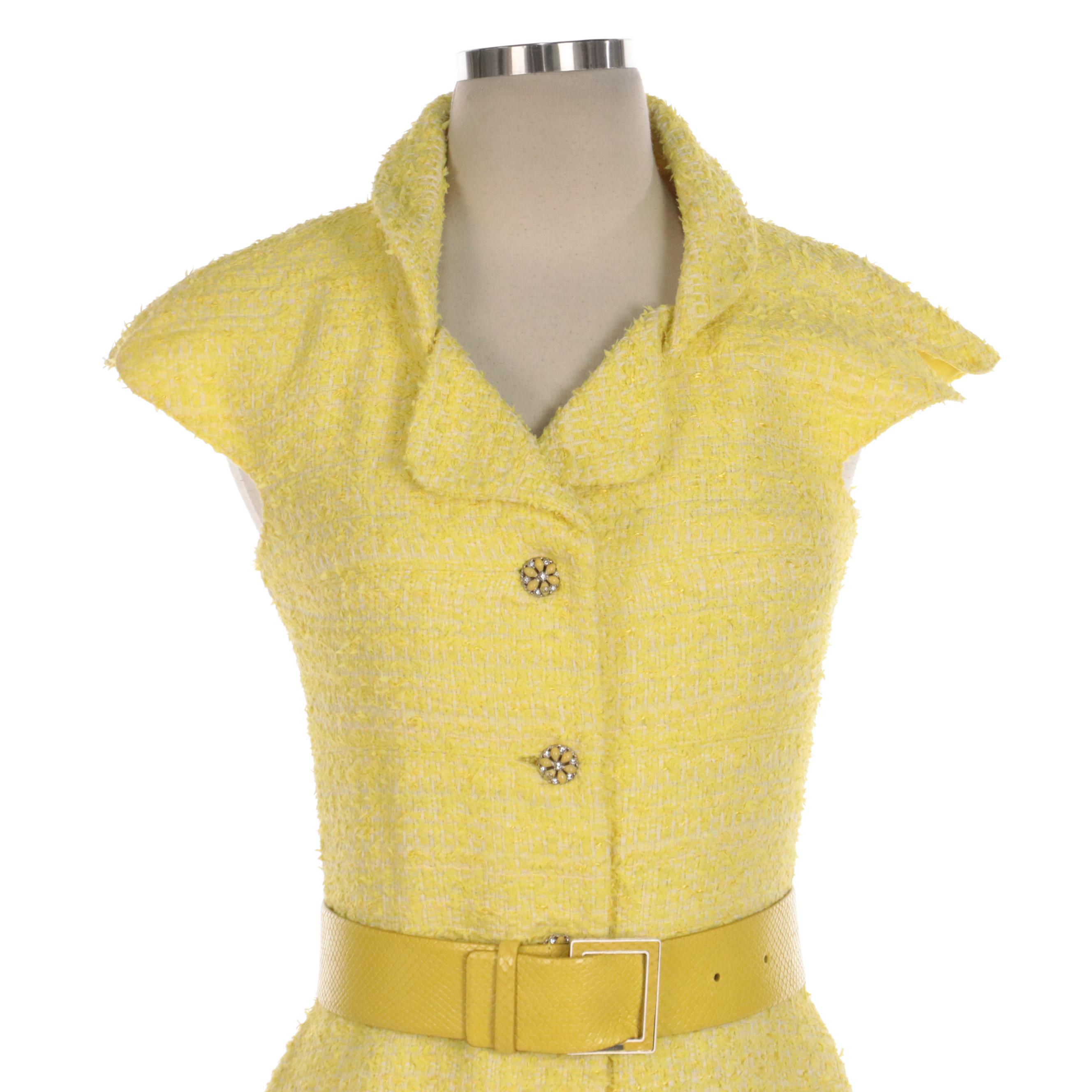 Chanel Yellow Tweed Midi Dress with Crystal Buttons and Snakeskin Embossed Belt