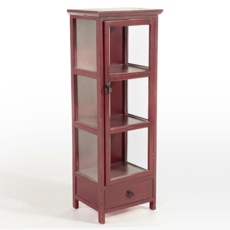 Red-Painted Wood Vitrine Cabinet with Drawer