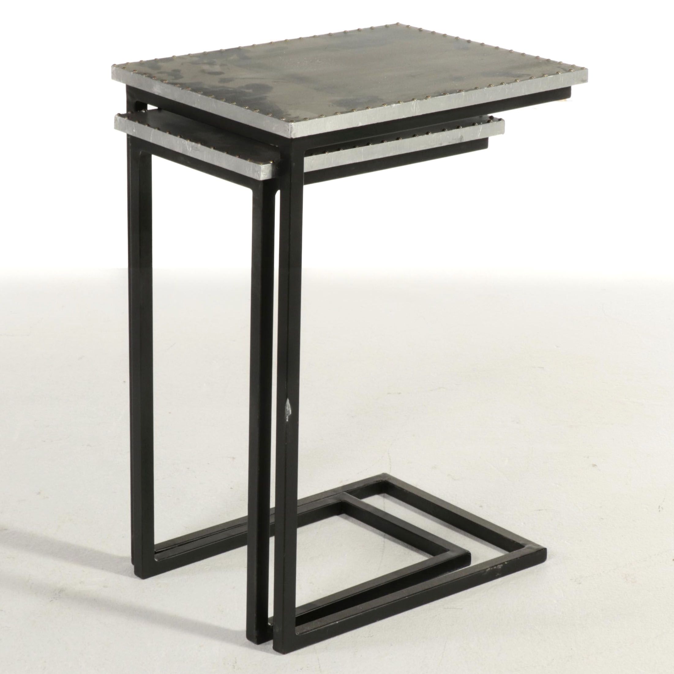 Two Contemporary Black PowderCoated Metal Nesting CTables with Metal