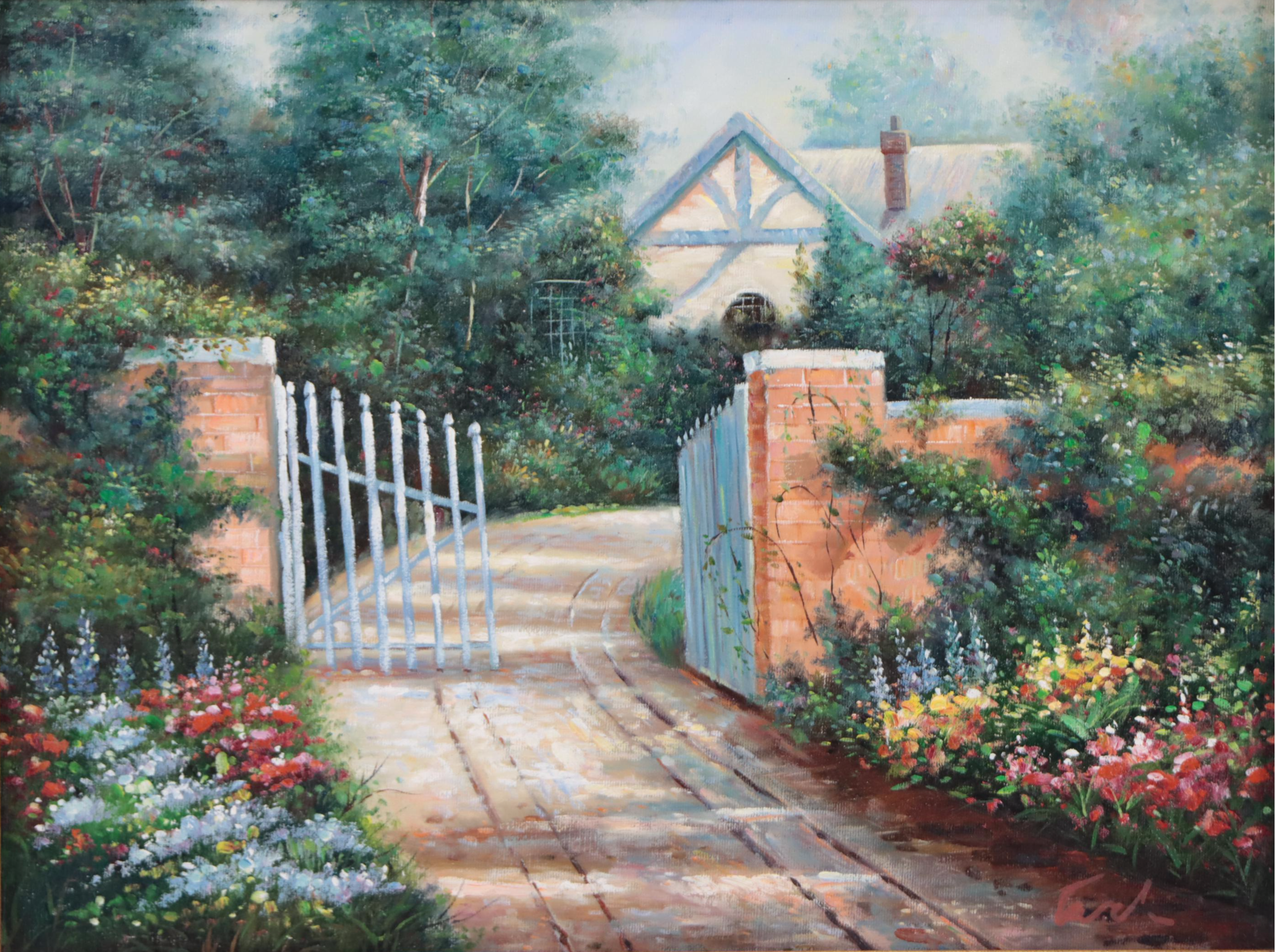 Cottage Garden Landscape Oil Painting, Circa 2000