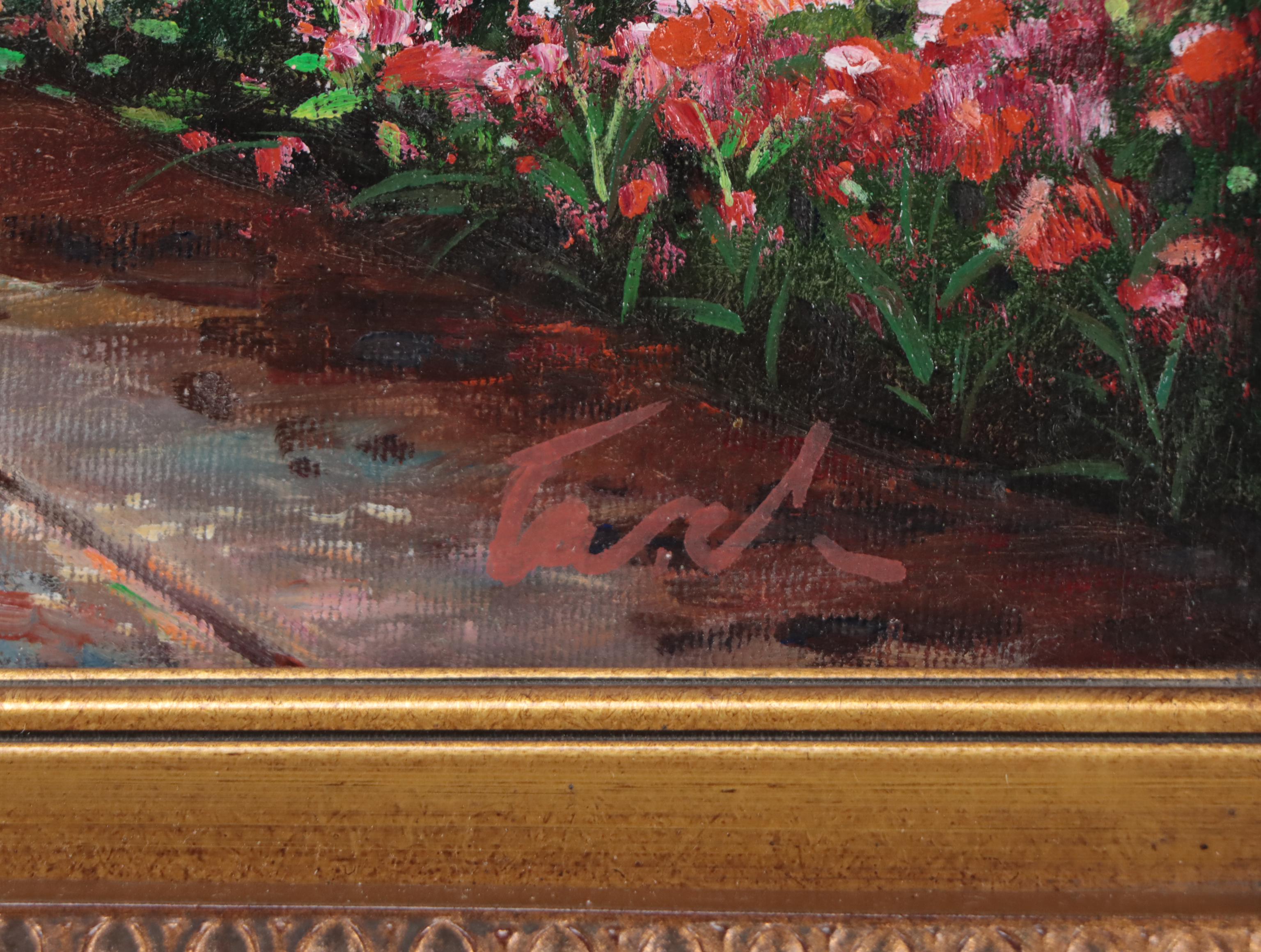 Cottage Garden Landscape Oil Painting, Circa 2000