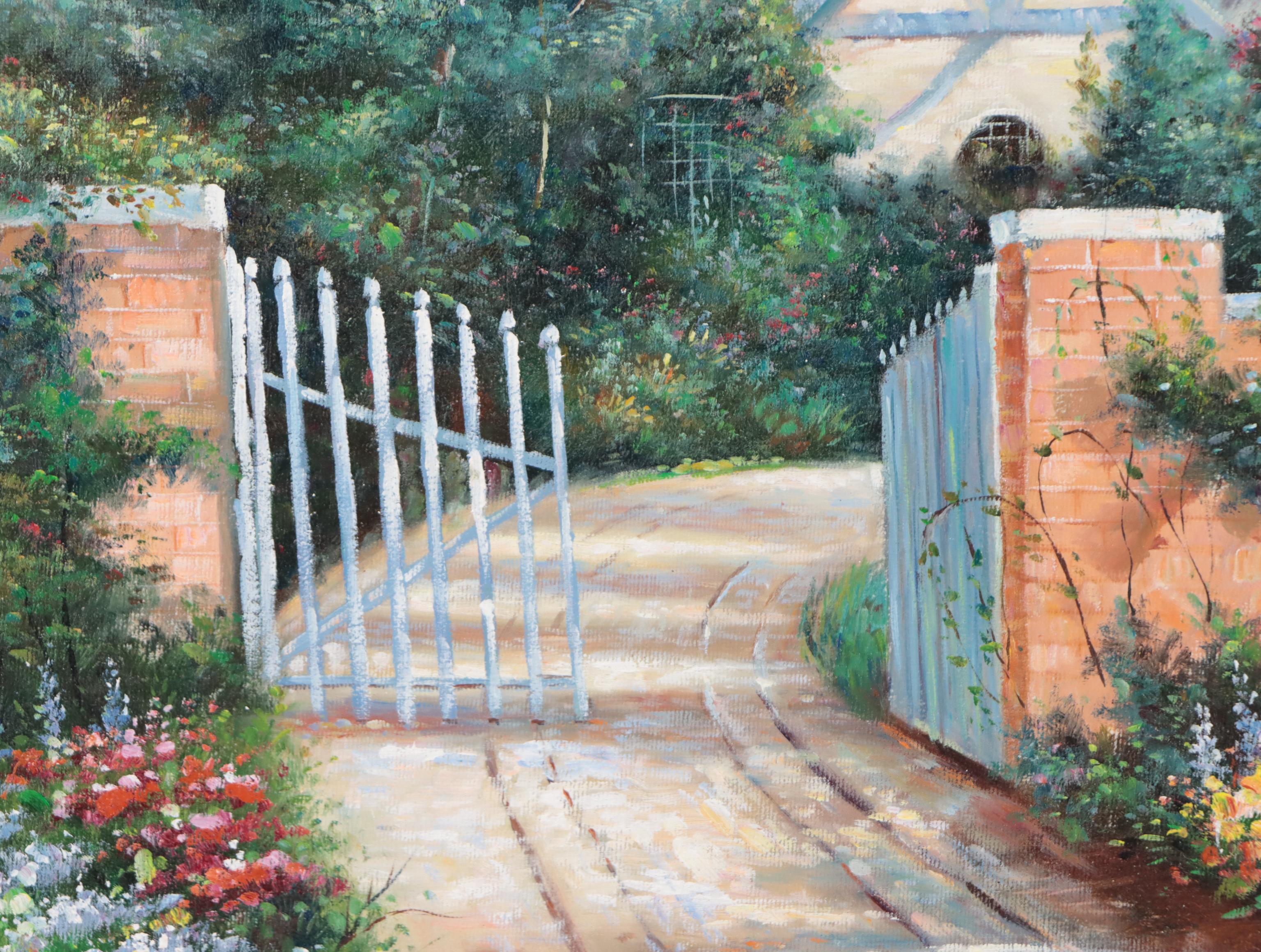 Cottage Garden Landscape Oil Painting, Circa 2000