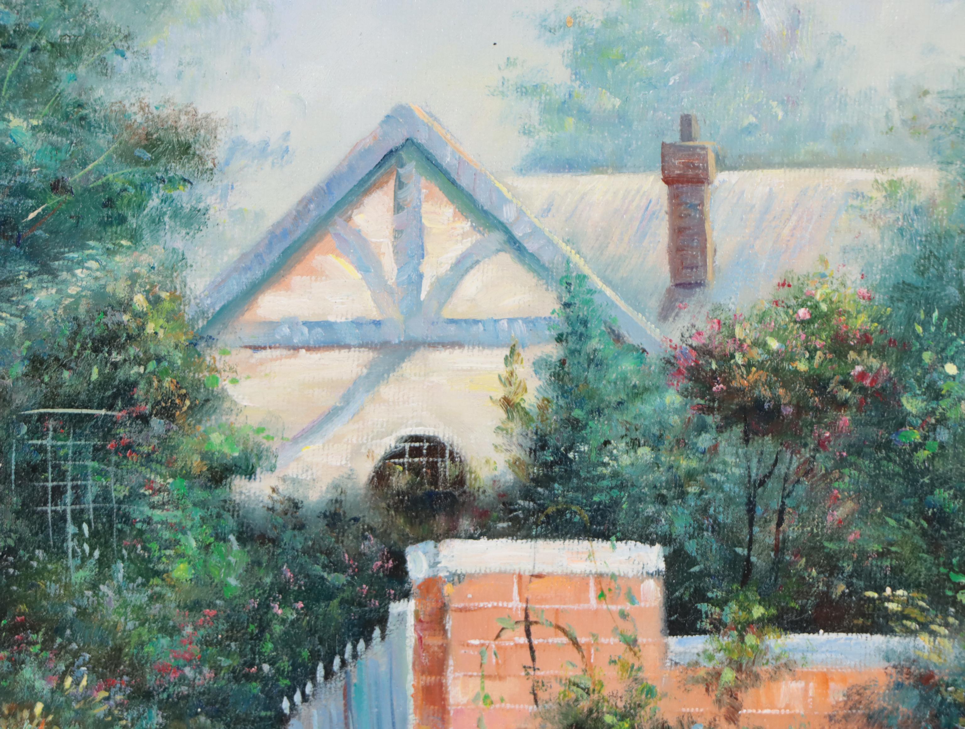 Cottage Garden Landscape Oil Painting, Circa 2000