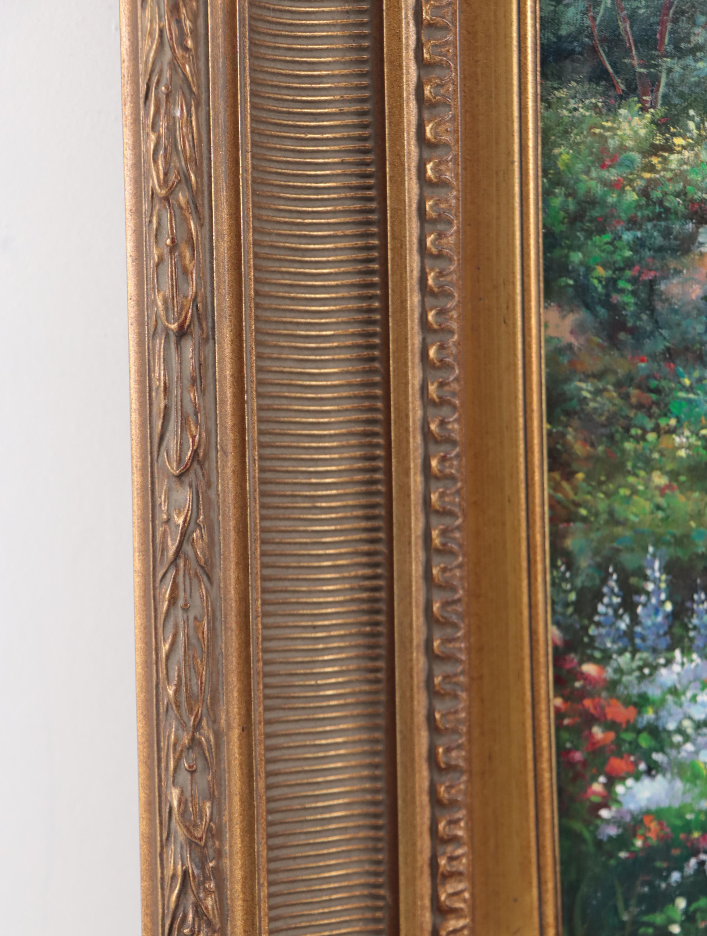 Cottage Garden Landscape Oil Painting, Circa 2000