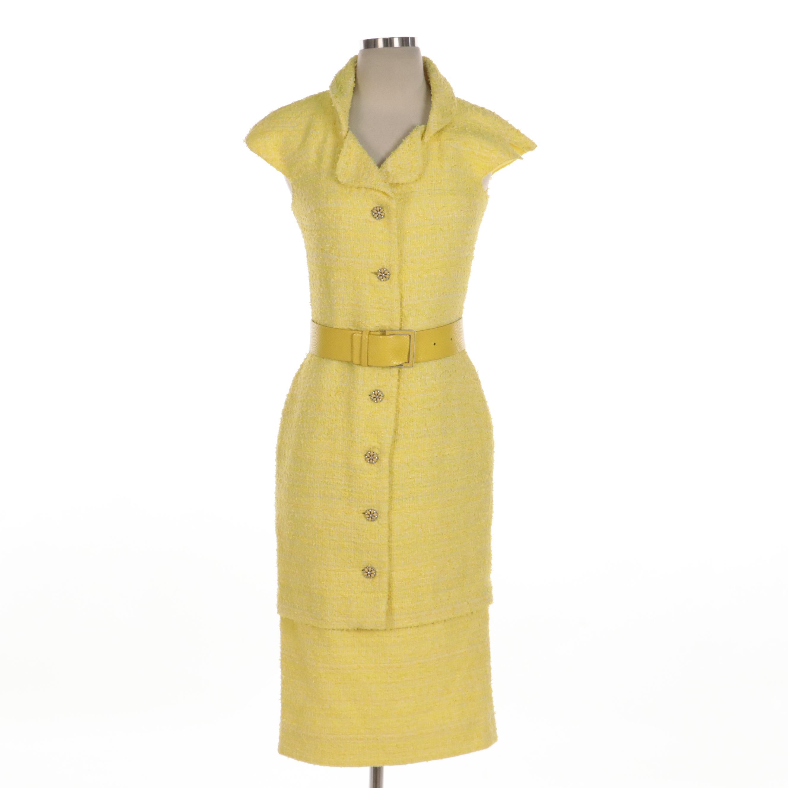 Chanel Yellow Tweed Midi Dress with Crystal Buttons and Snakeskin Embossed Belt