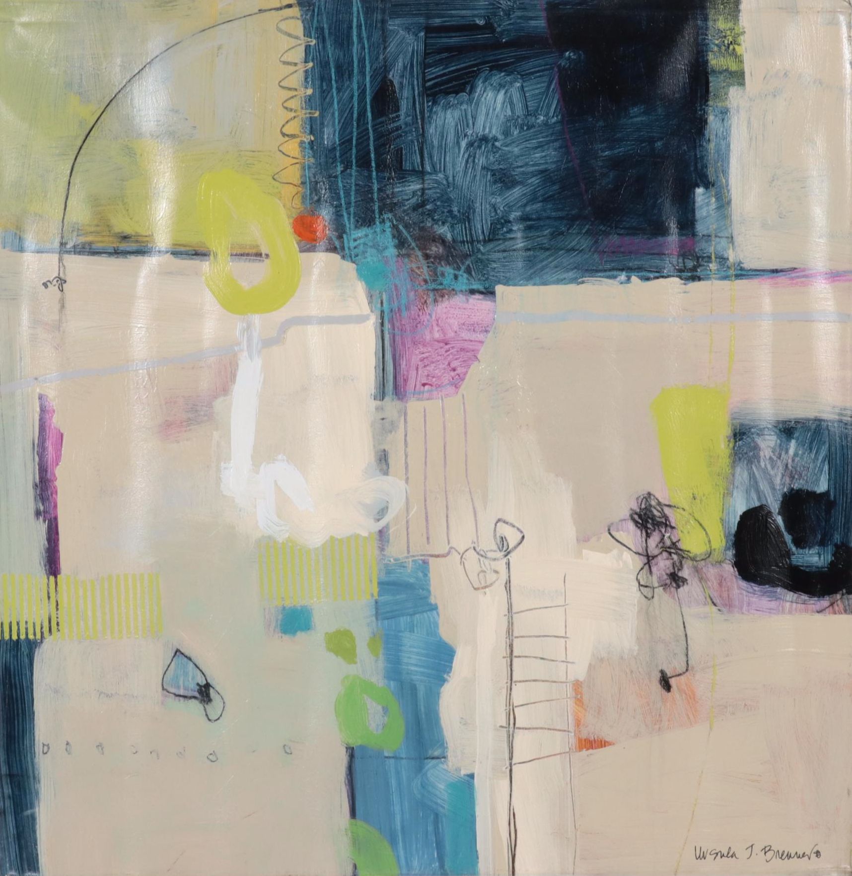 Ursula J. Brenner Abstract Mixed Media Painting, 21st Century