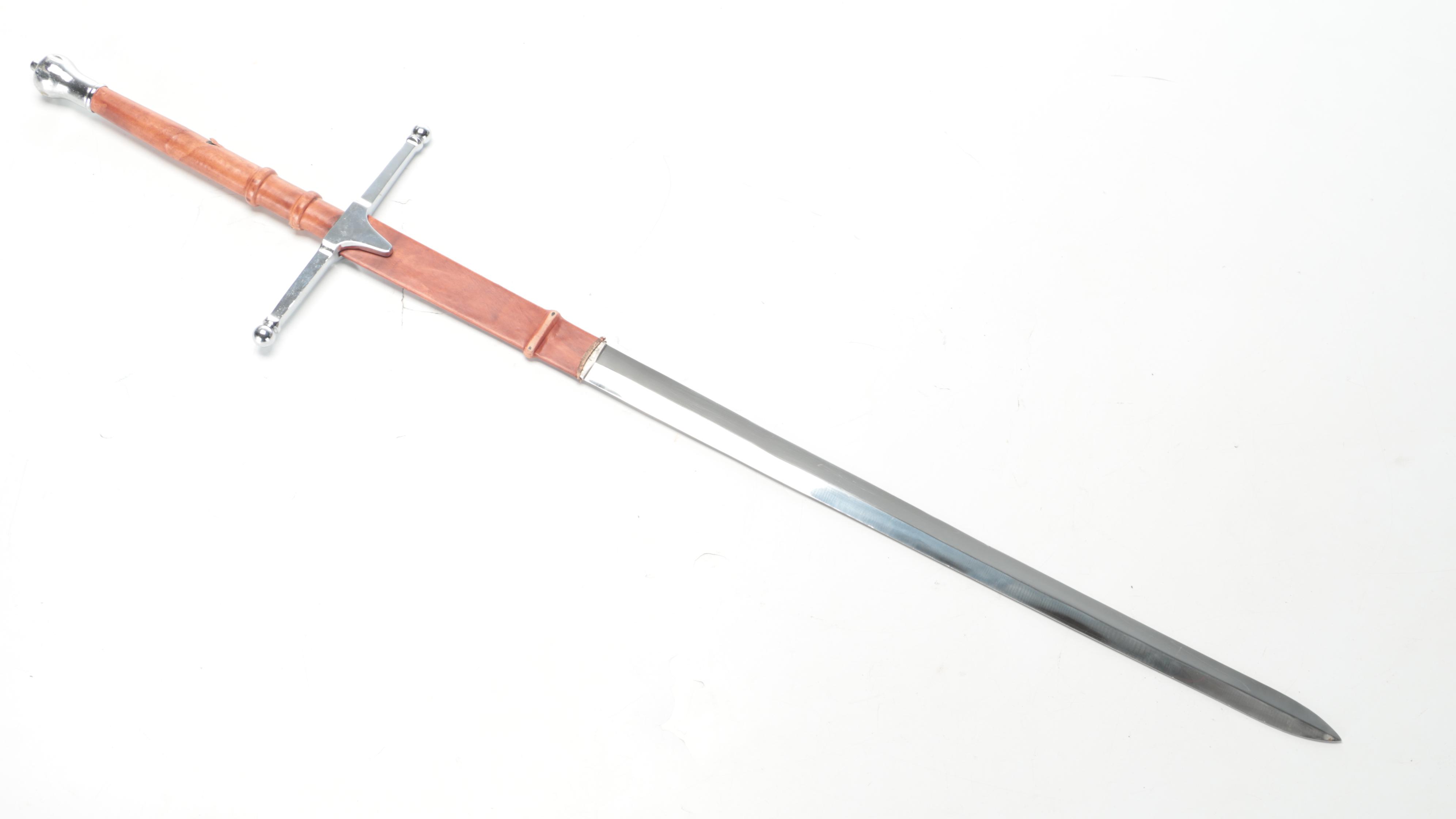 Steel and Leather Decorative Claymore with Leather Scabbard