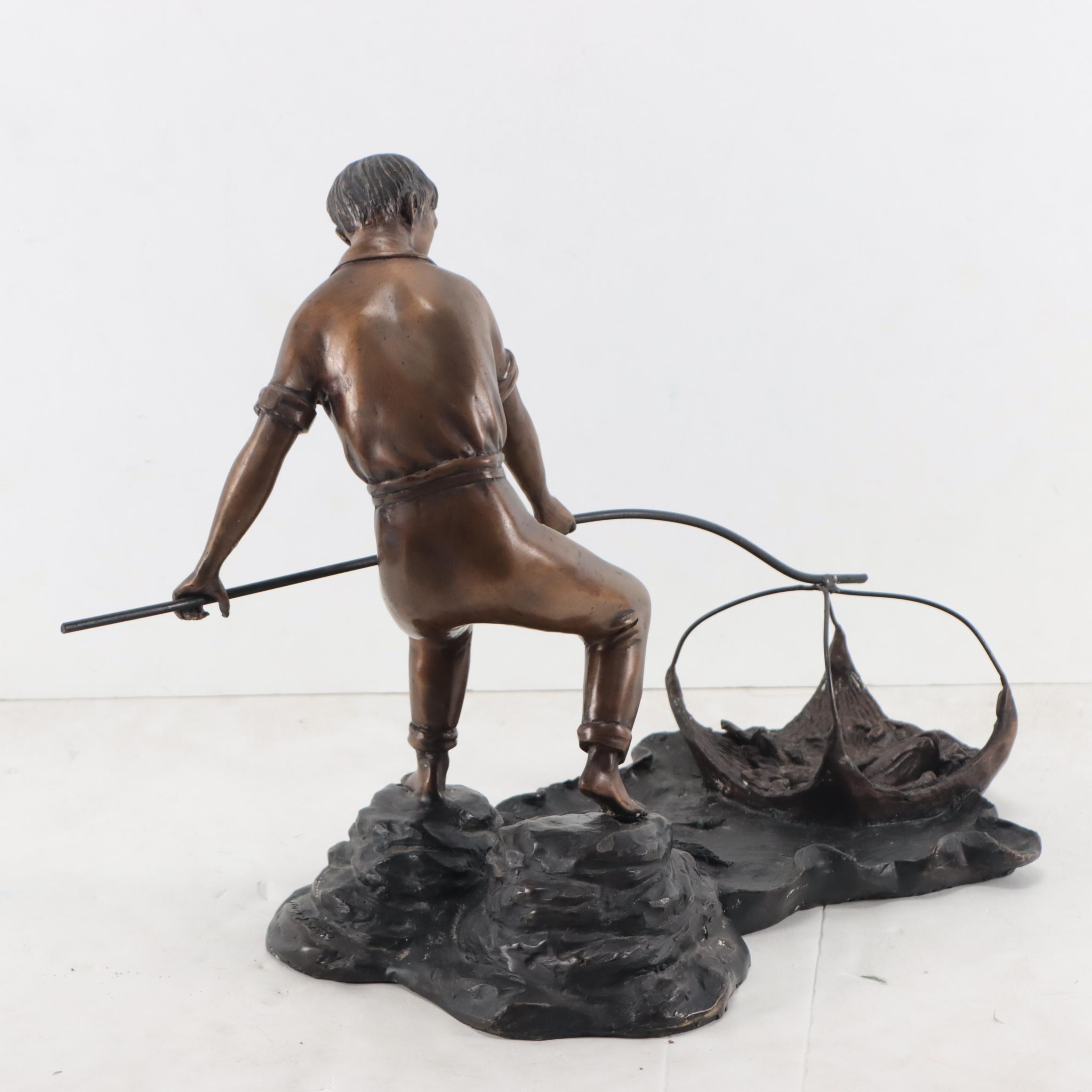 Erwin Stern Cast Bronze Sculpture of Fisherman Pulling in a Net