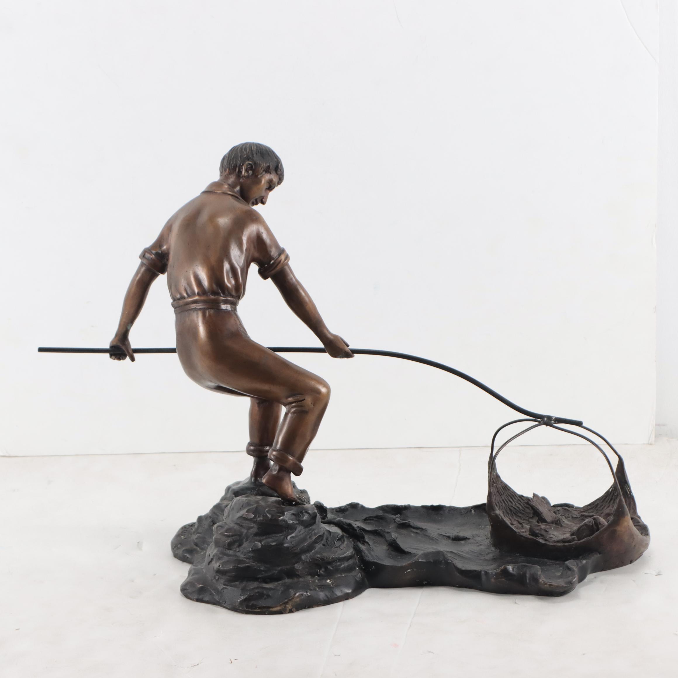Erwin Stern Cast Bronze Sculpture of Fisherman Pulling in a Net