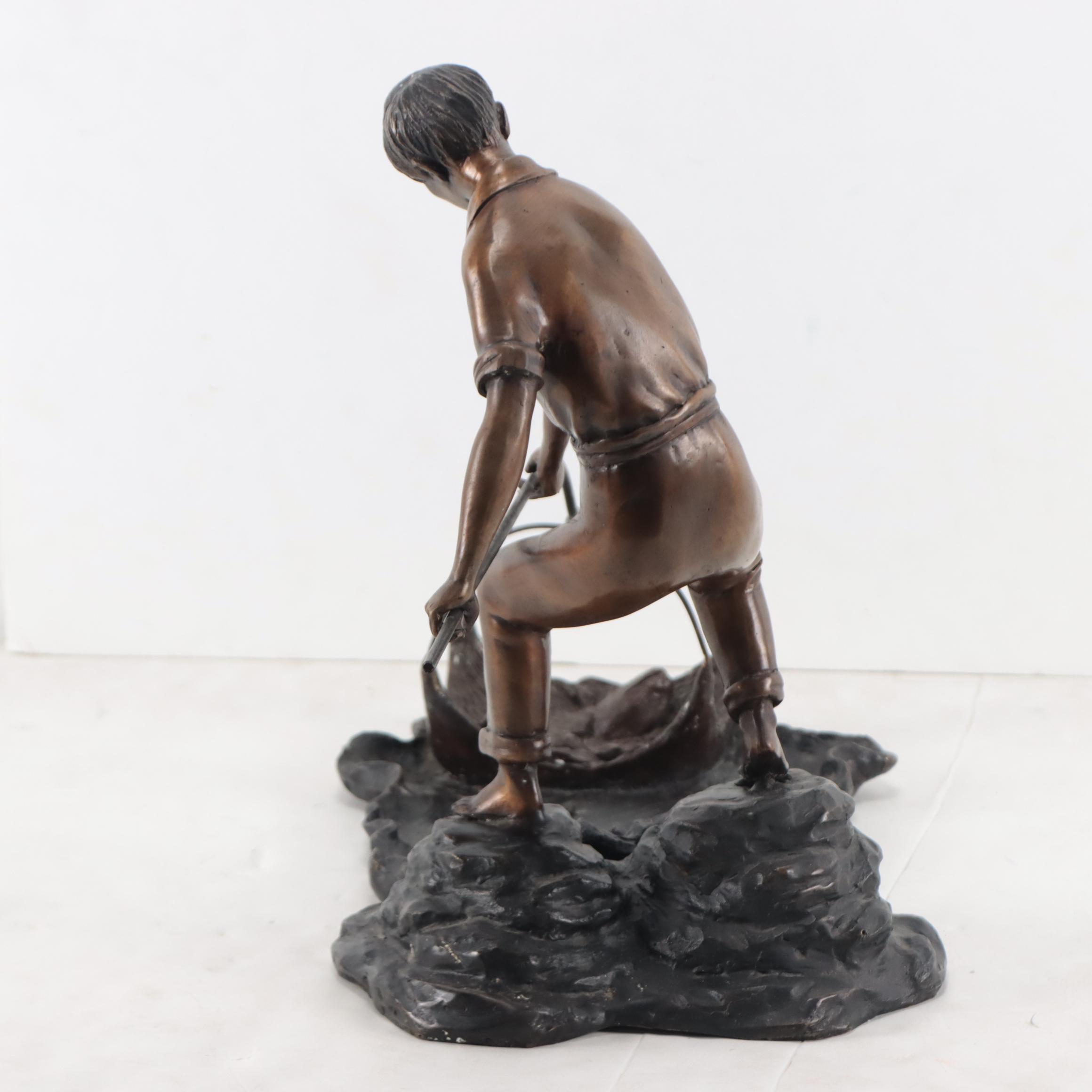 Erwin Stern Cast Bronze Sculpture of Fisherman Pulling in a Net