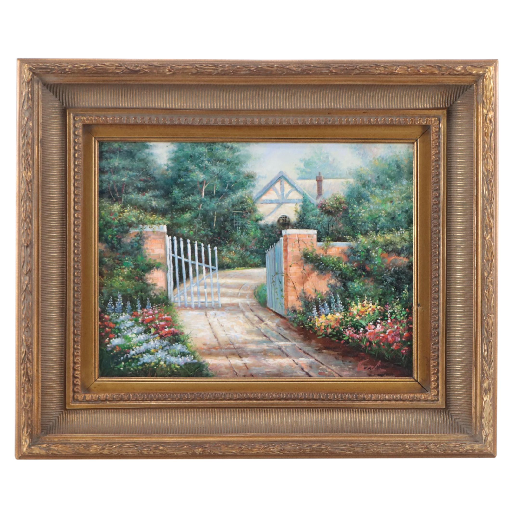 Cottage Garden Landscape Oil Painting, Circa 2000