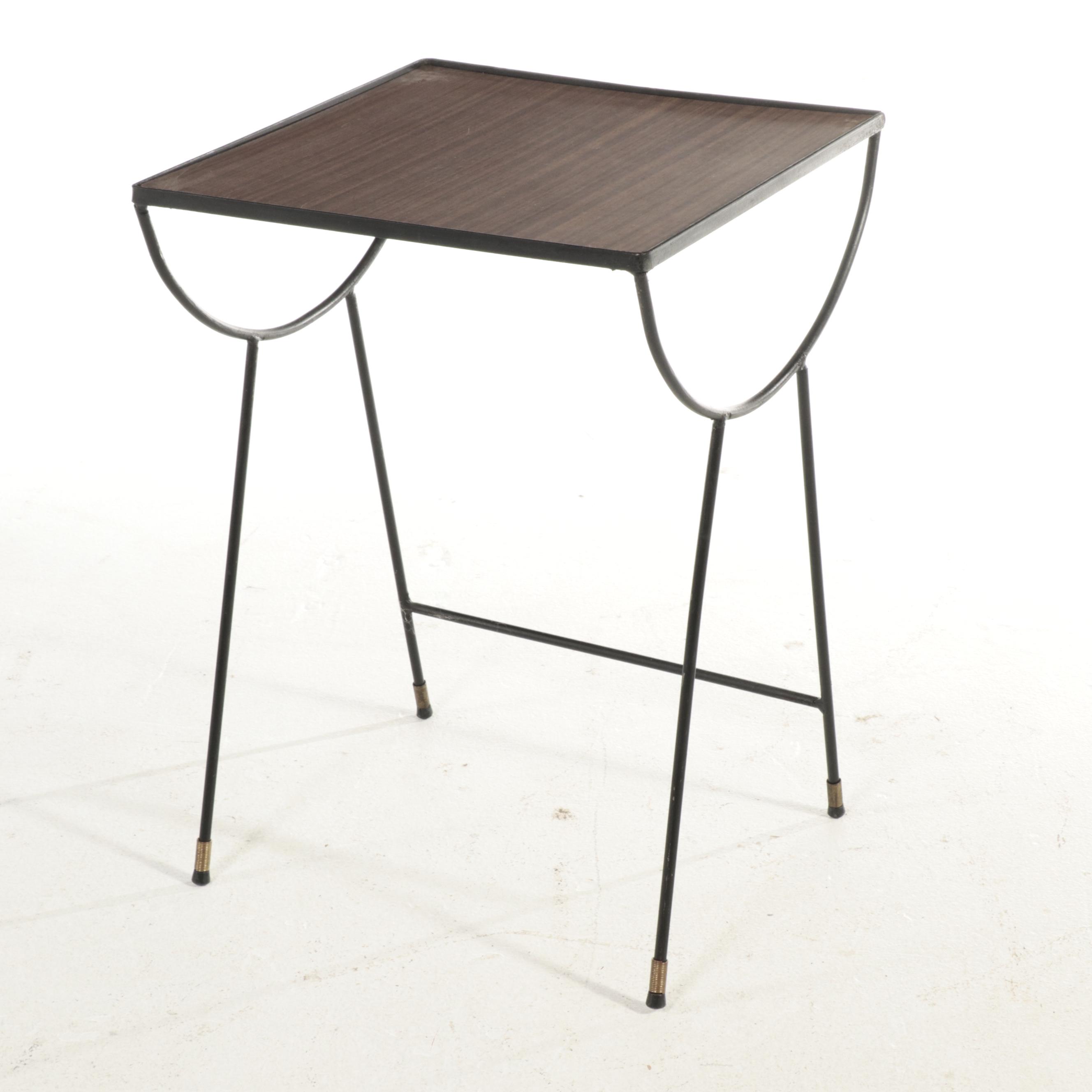 Set of Three Mid Century Modern Iron and Walnut-Grained Laminate Nesting Tables