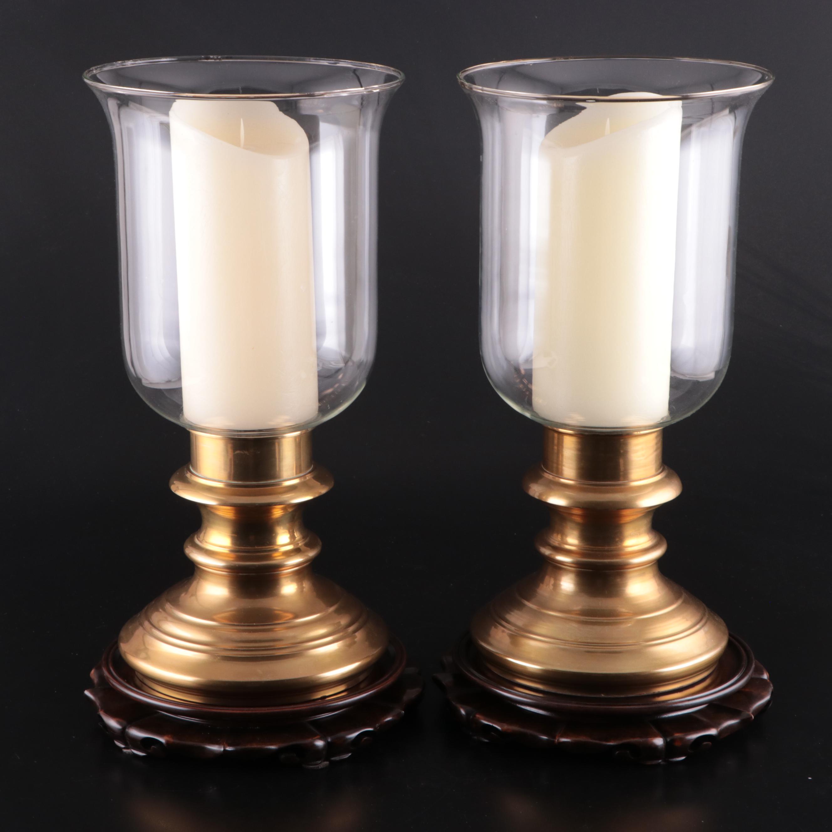 Brass and Glass Pillar Candle Hurricanes with Electric Candles
