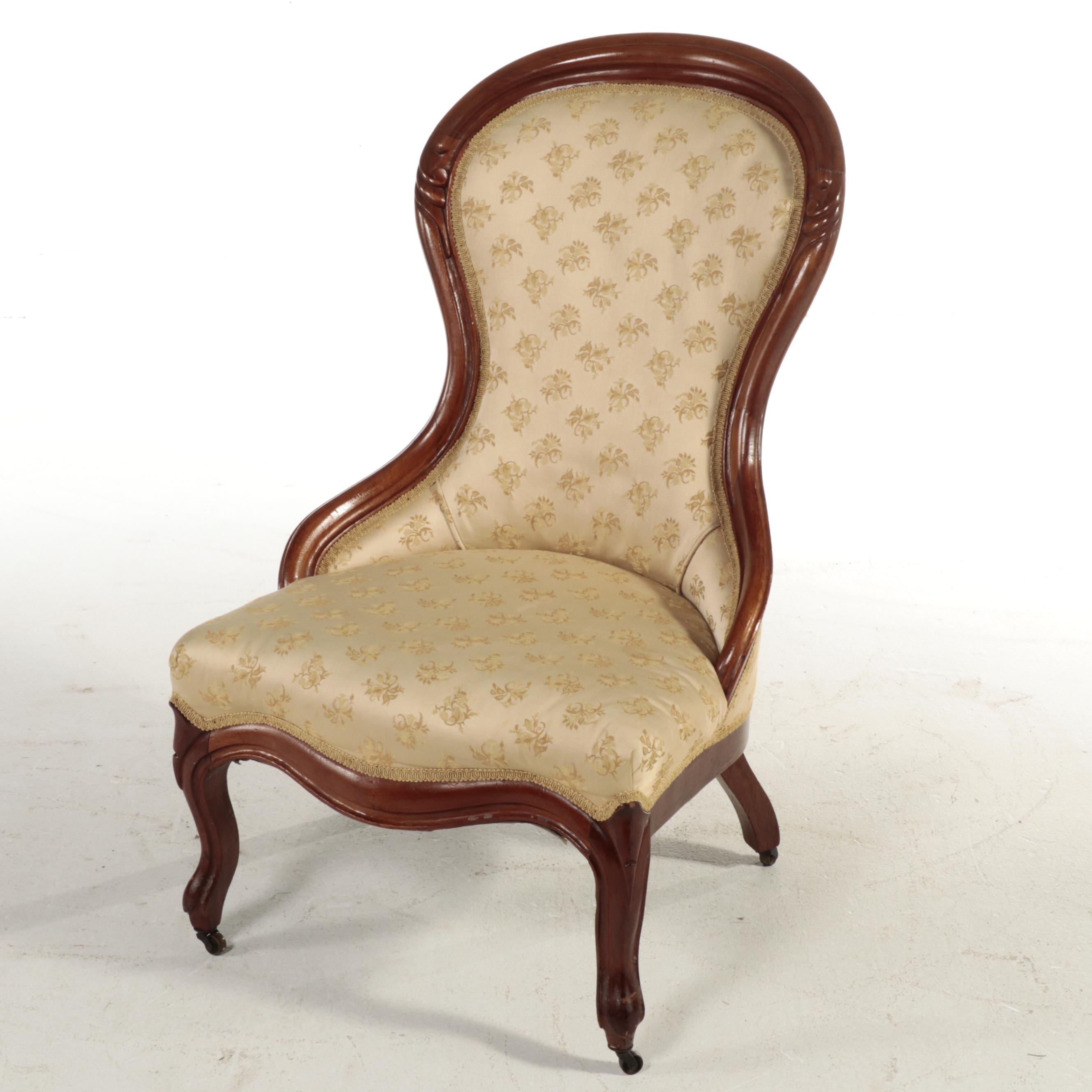 Victorian Rococo Revival Walnut and Upholstered Parlor Side Chair