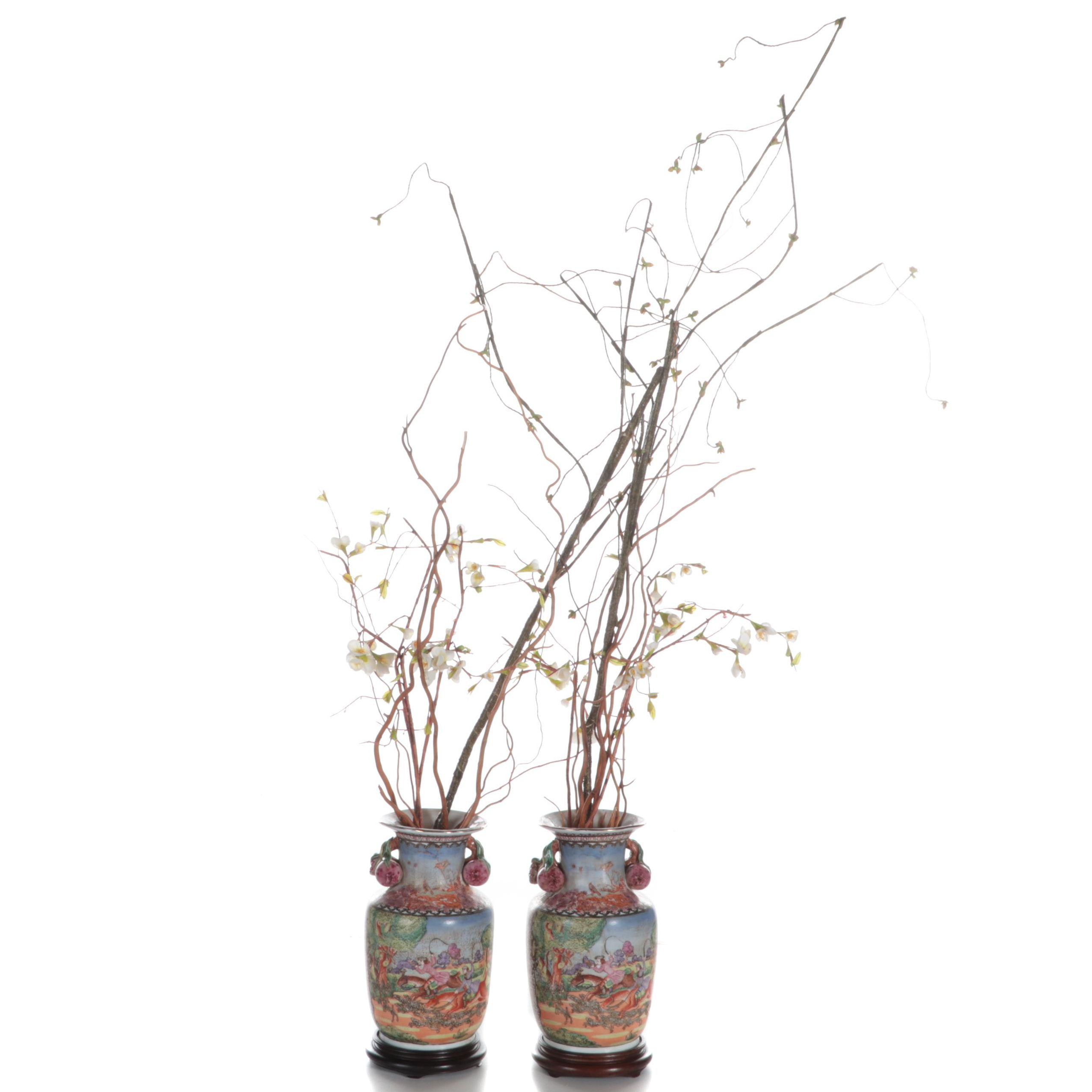 Pair of Chinese Export Style Porcelain Hunt Scene Vases