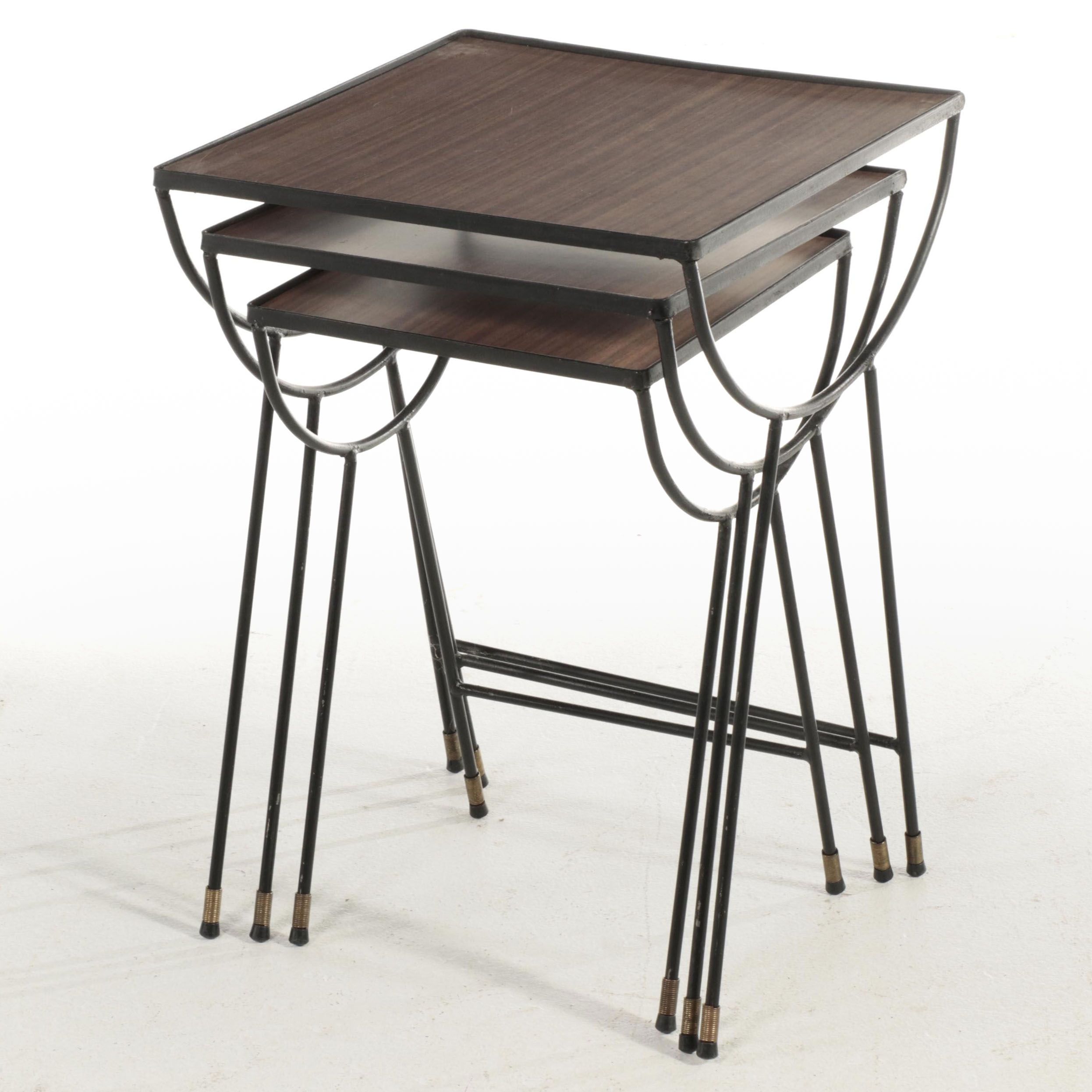 Set of Three Mid Century Modern Iron and Walnut-Grained Laminate Nesting Tables