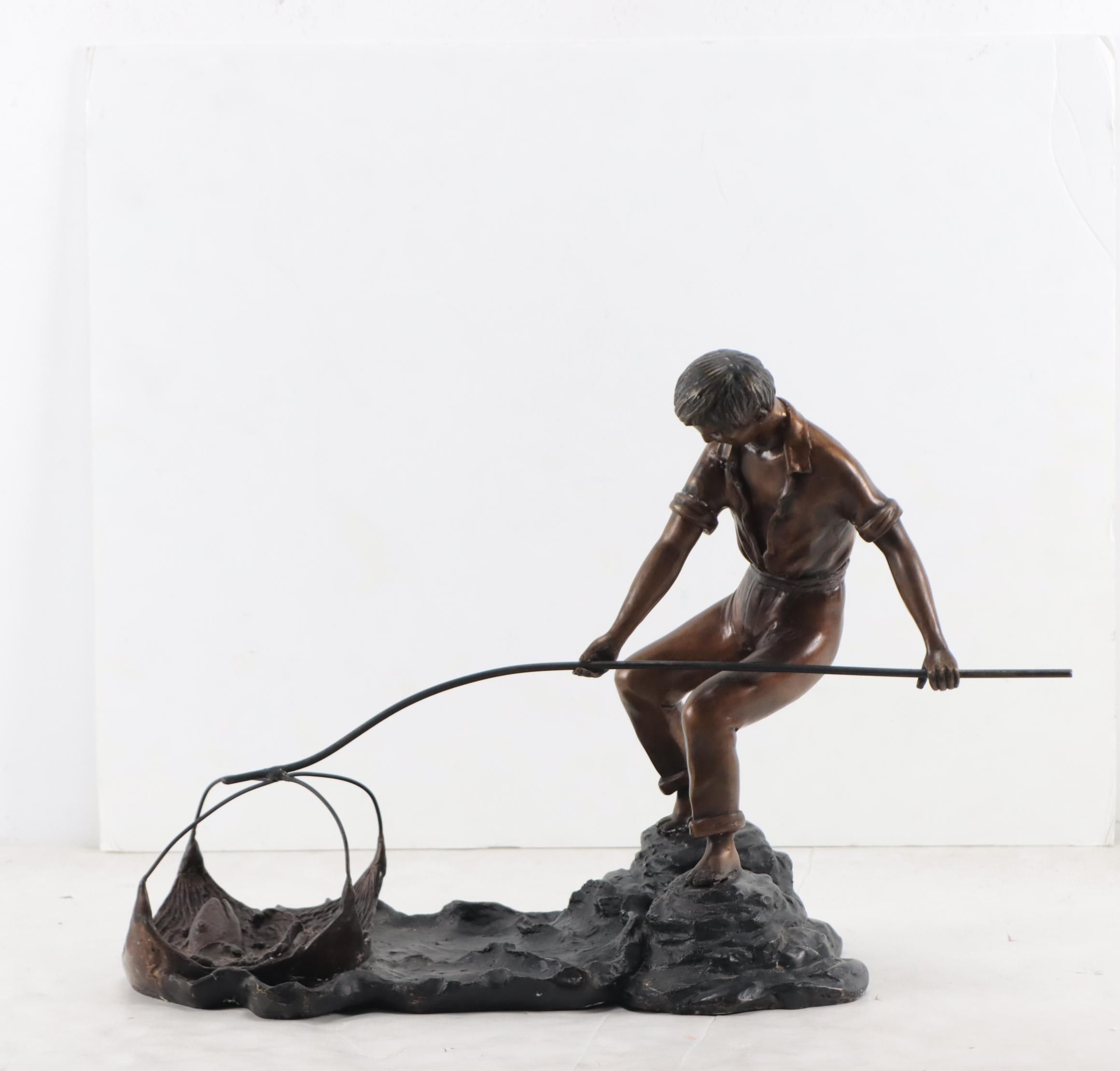 Erwin Stern Cast Bronze Sculpture of Fisherman Pulling in a Net