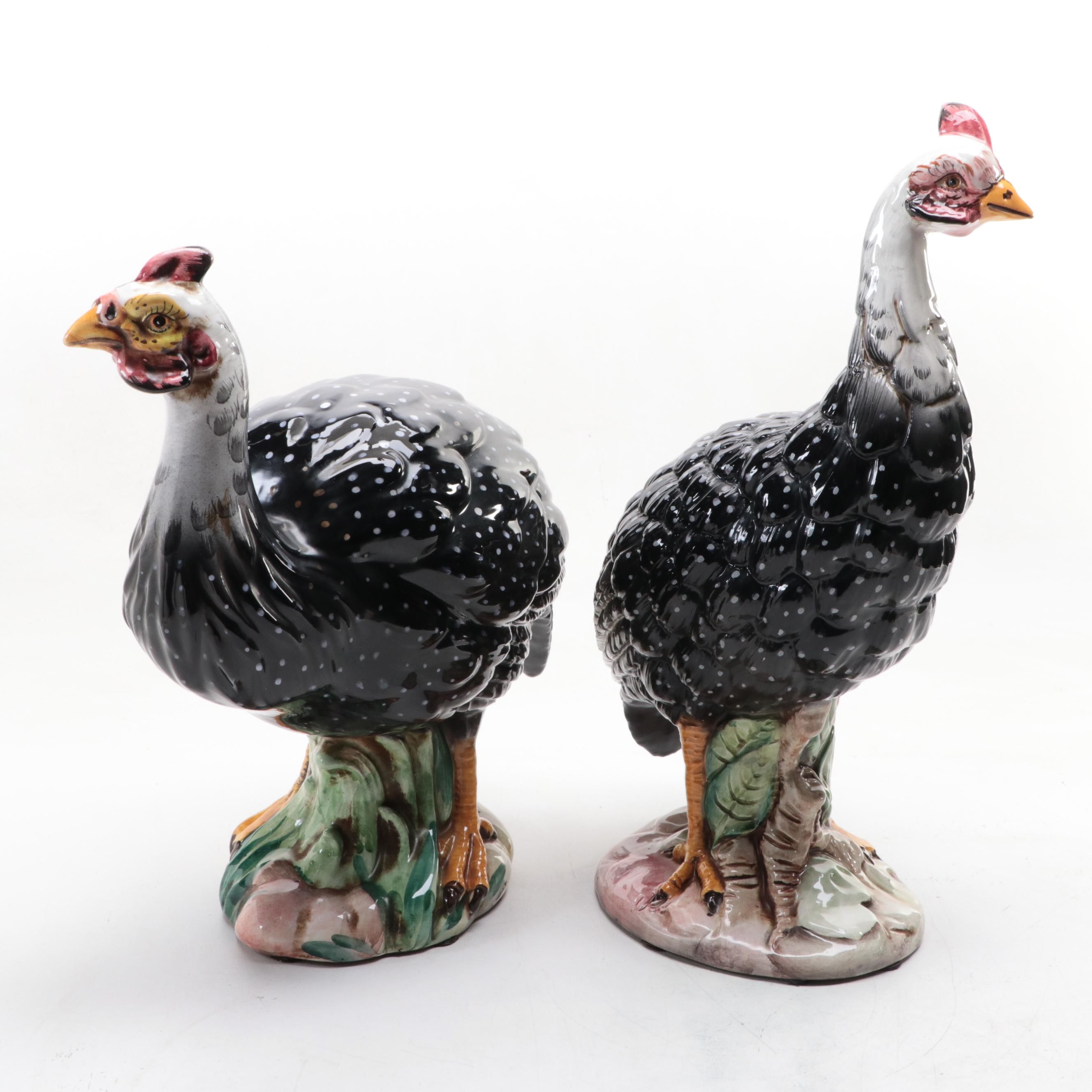 Italian Glazed Ceramic Guinea Fowl Figurines, Mid to Late 20th Century