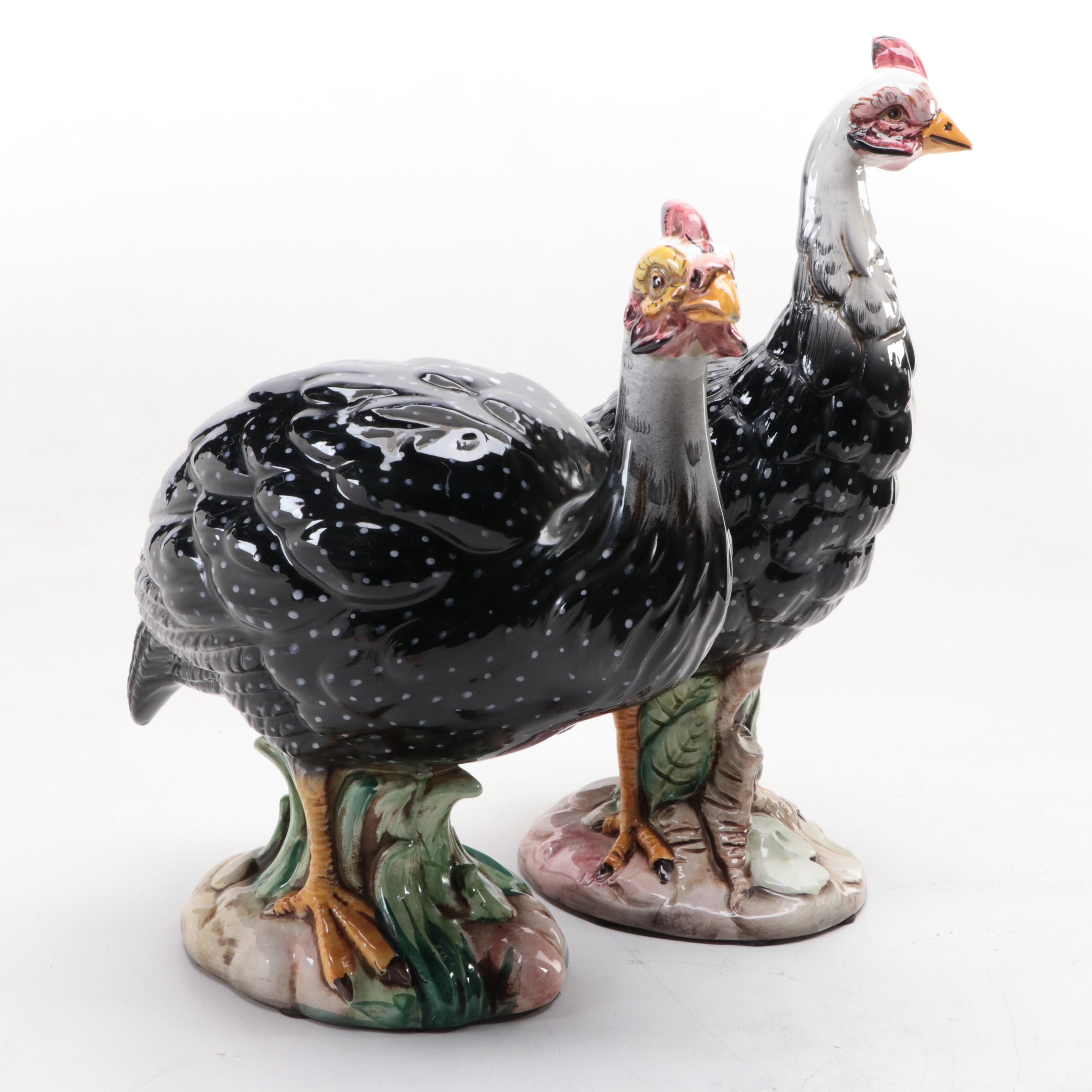 Italian Glazed Ceramic Guinea Fowl Figurines, Mid to Late 20th Century