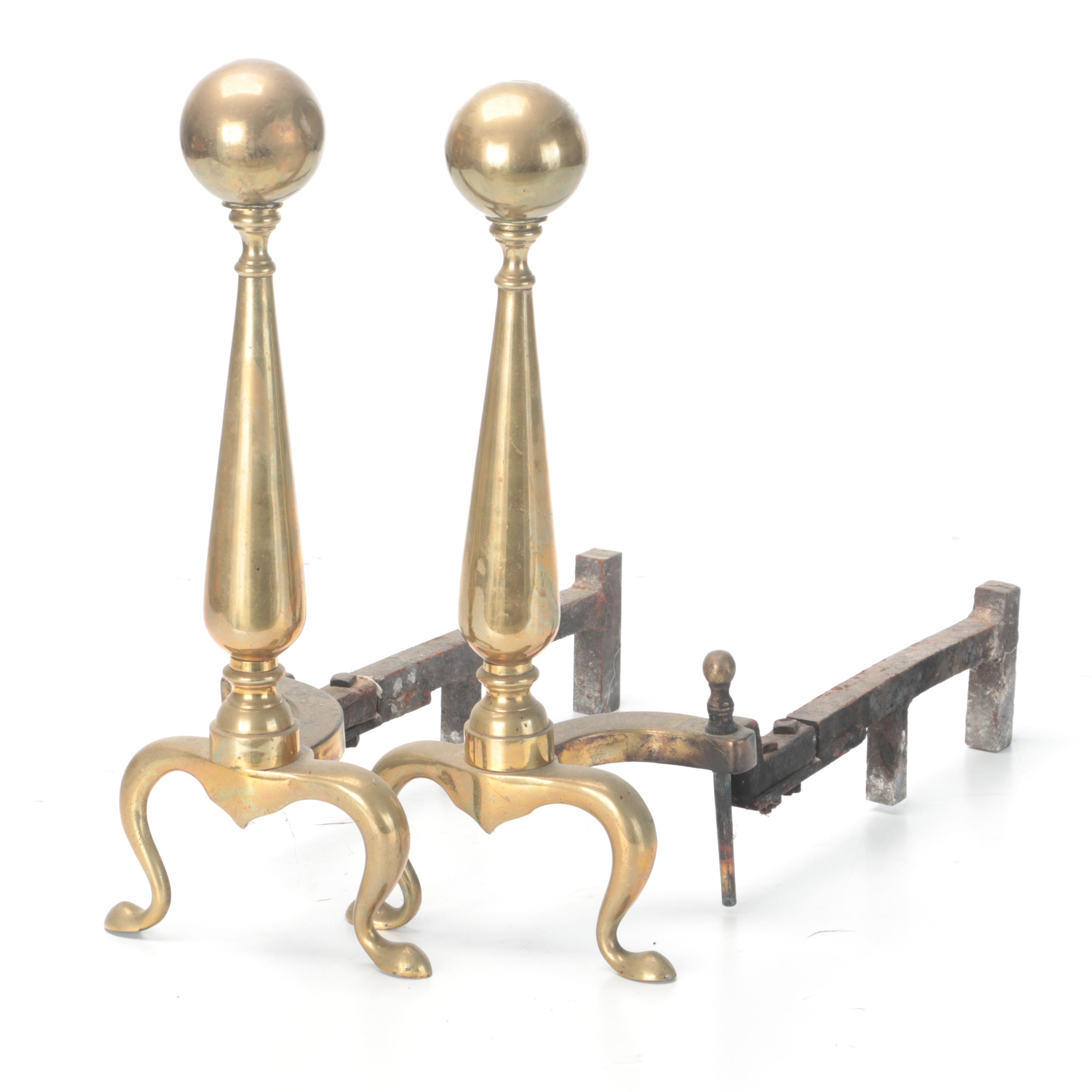 Chippendale Style Brass Cannonball Andirons, Late 19th/ Early 20th Century