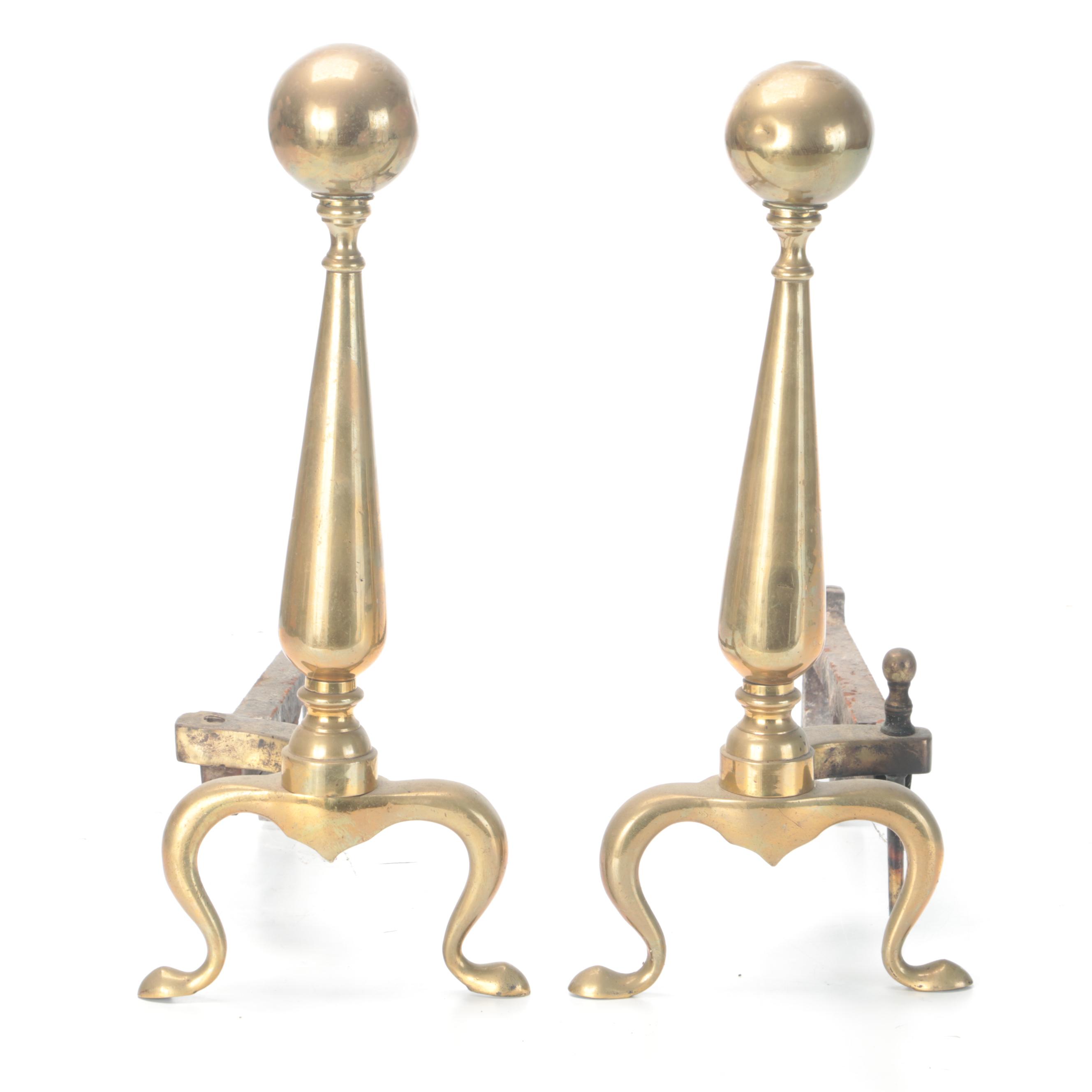 Chippendale Style Brass Cannonball Andirons, Late 19th/ Early 20th Century