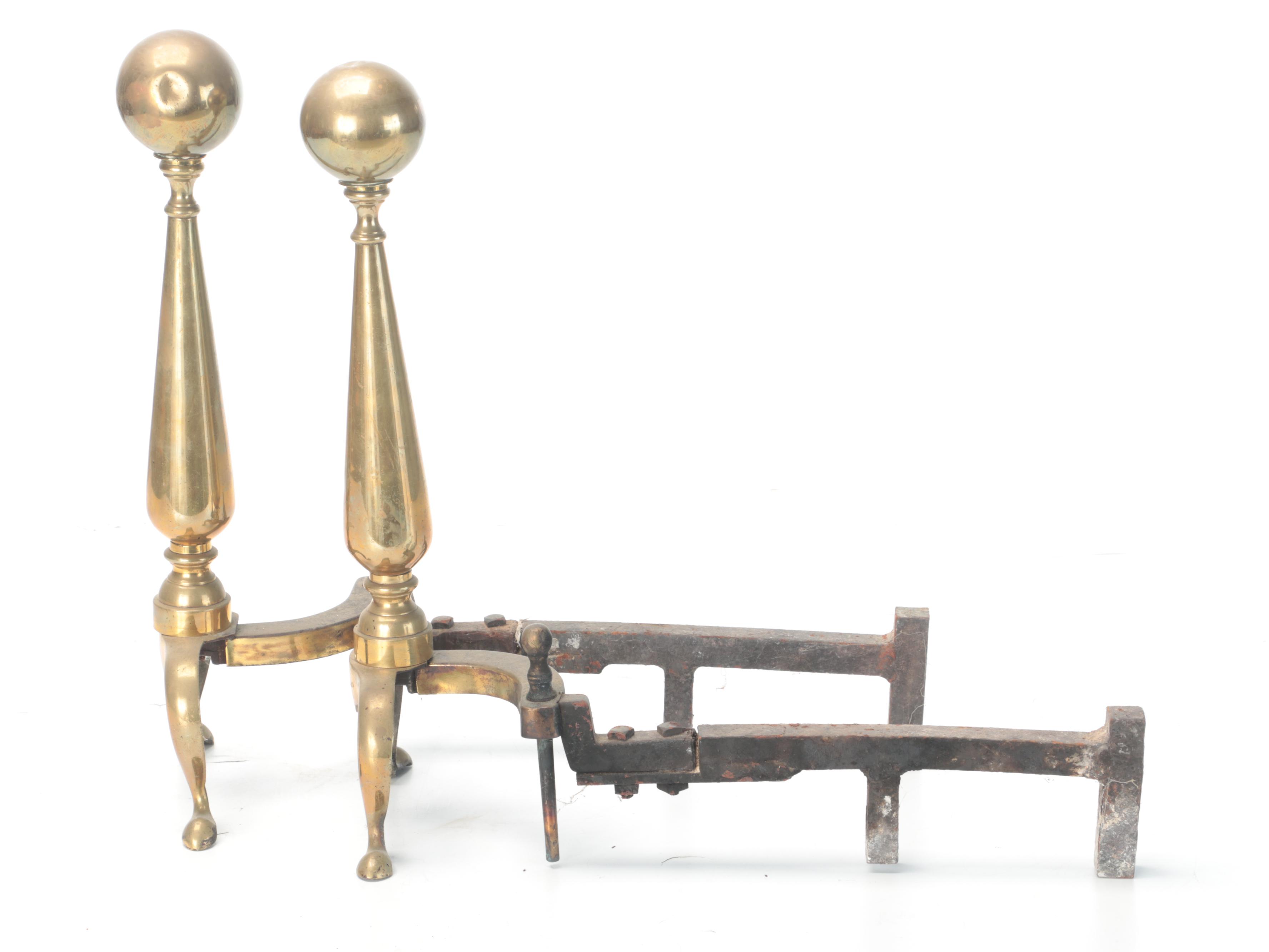 Chippendale Style Brass Cannonball Andirons, Late 19th/ Early 20th Century