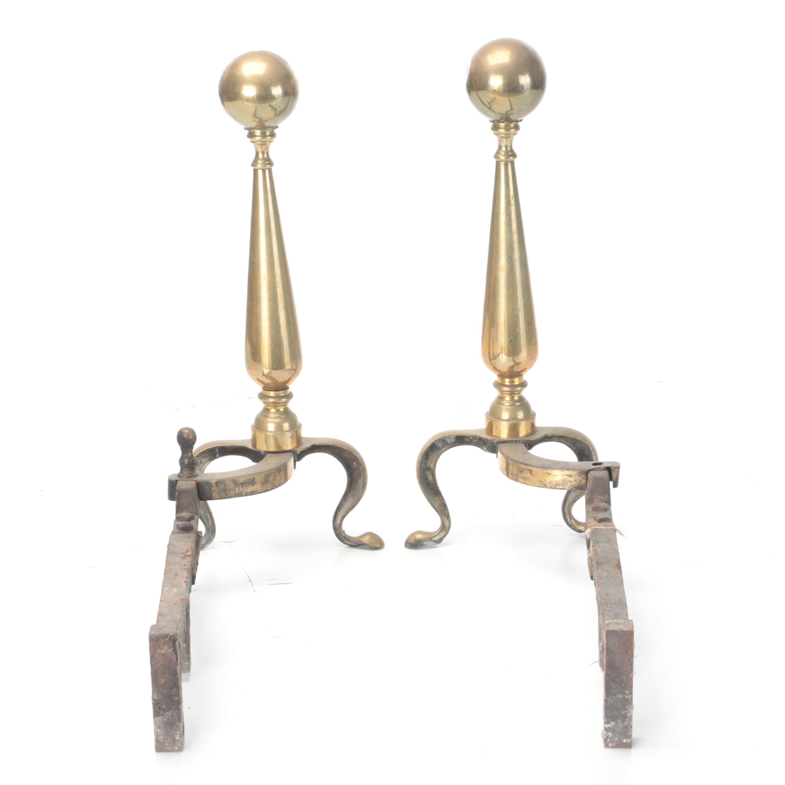 Chippendale Style Brass Cannonball Andirons, Late 19th/ Early 20th Century