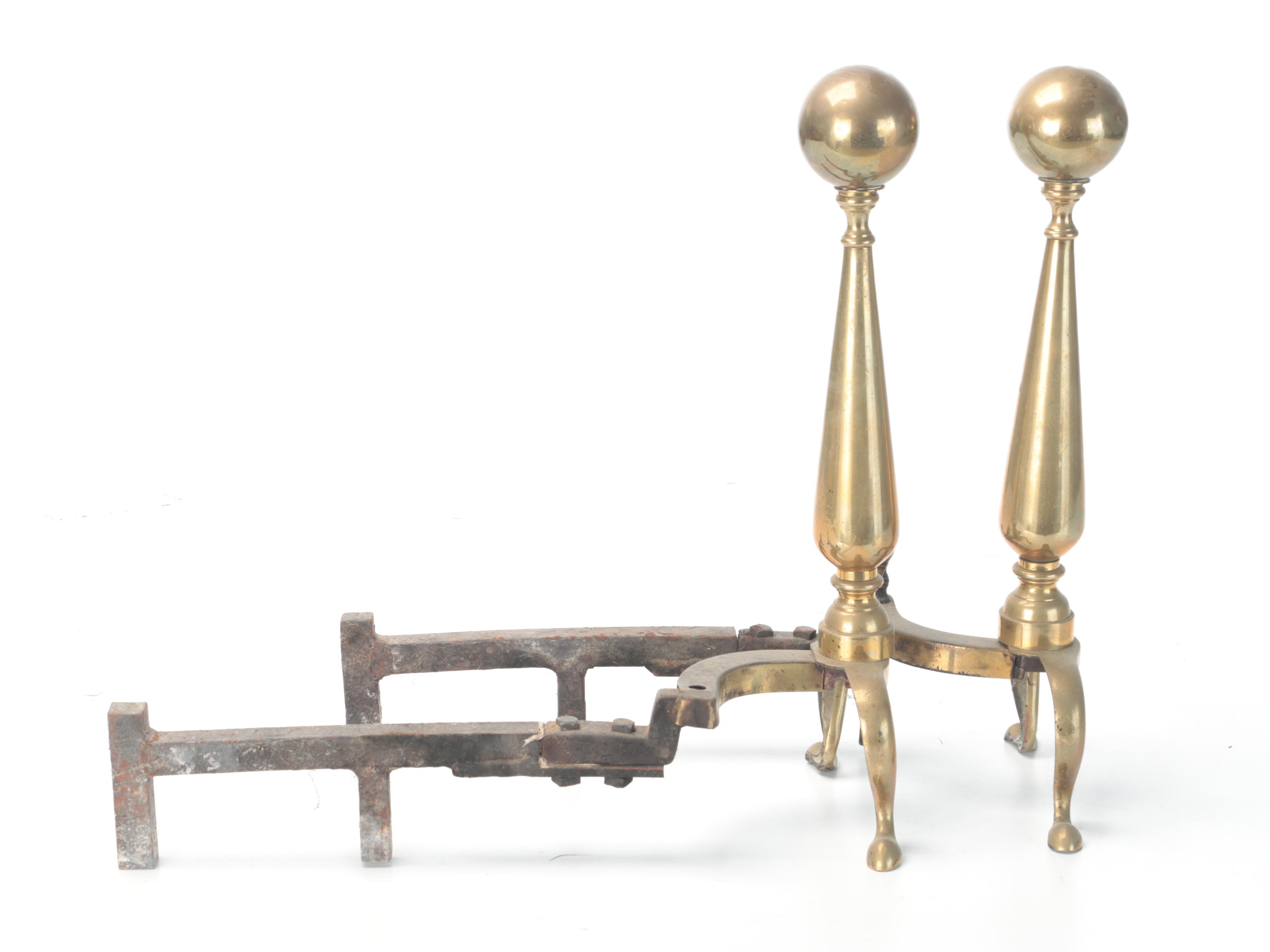 Chippendale Style Brass Cannonball Andirons, Late 19th/ Early 20th Century