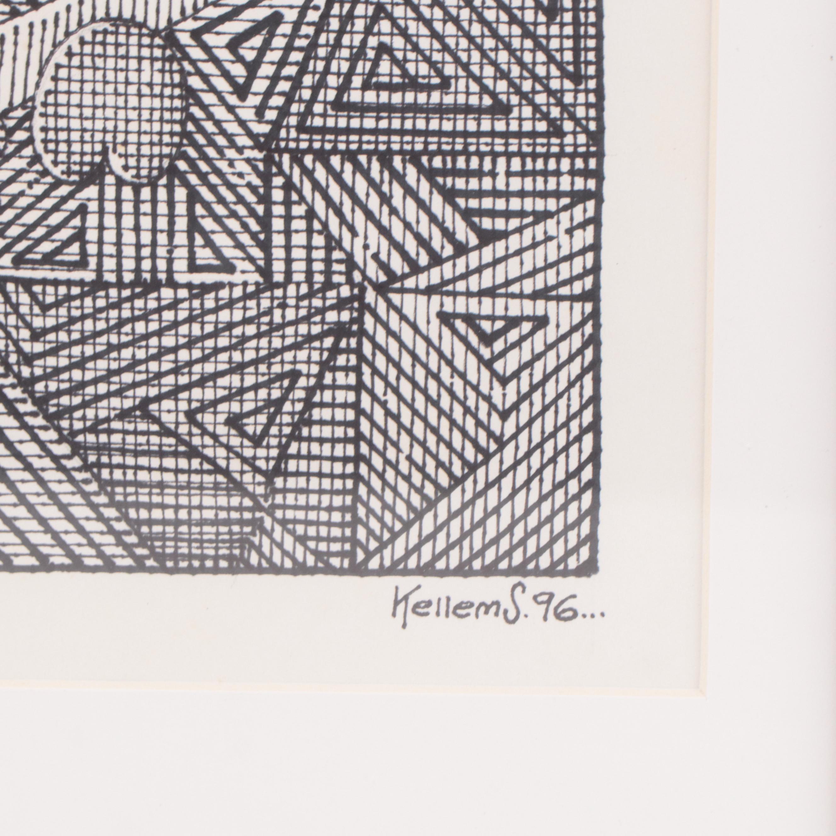 Jerry Kellems Abstract Biomorphic Ink Drawing, 1996