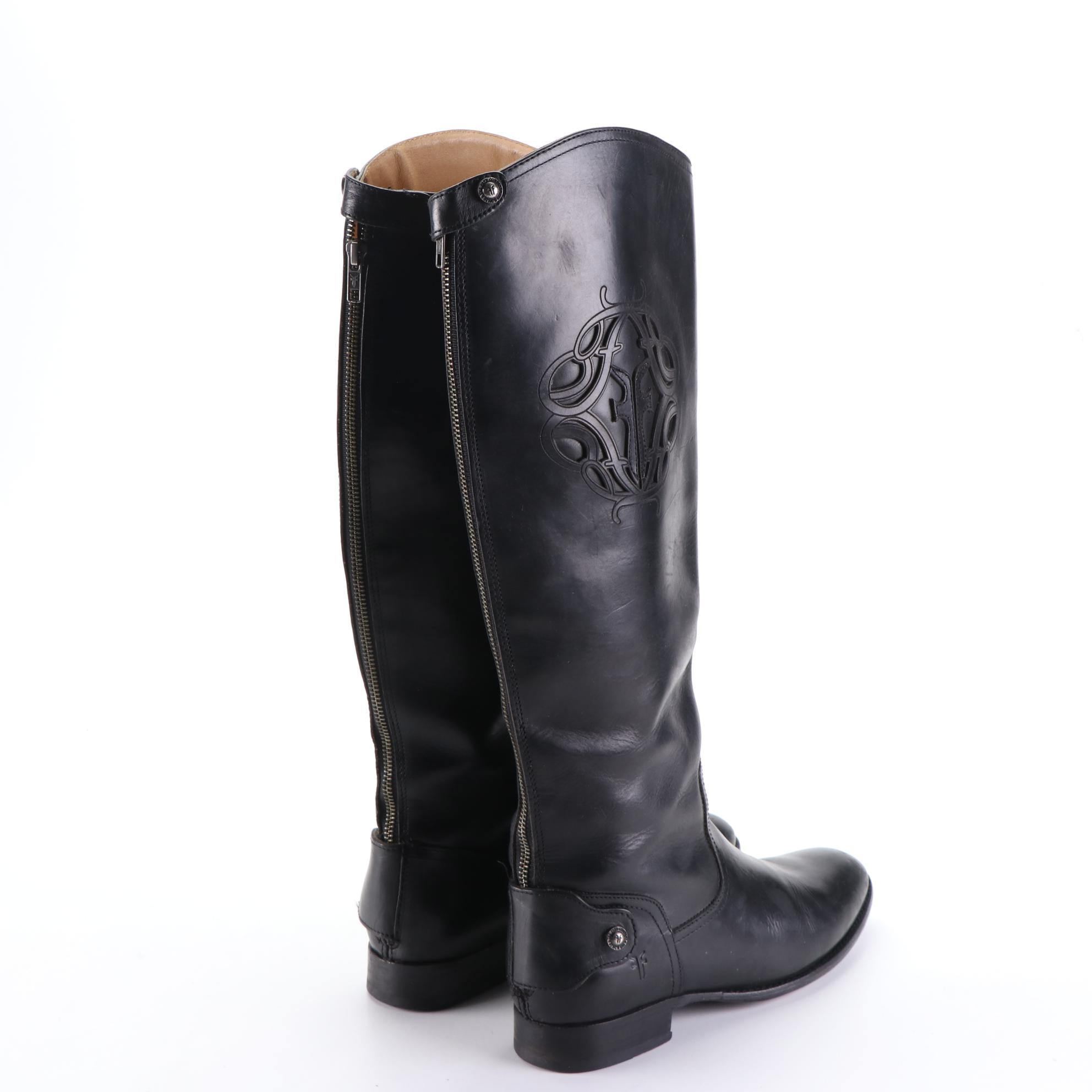 Frye Melissa Boots in Black Leather with Logo Cut-Out