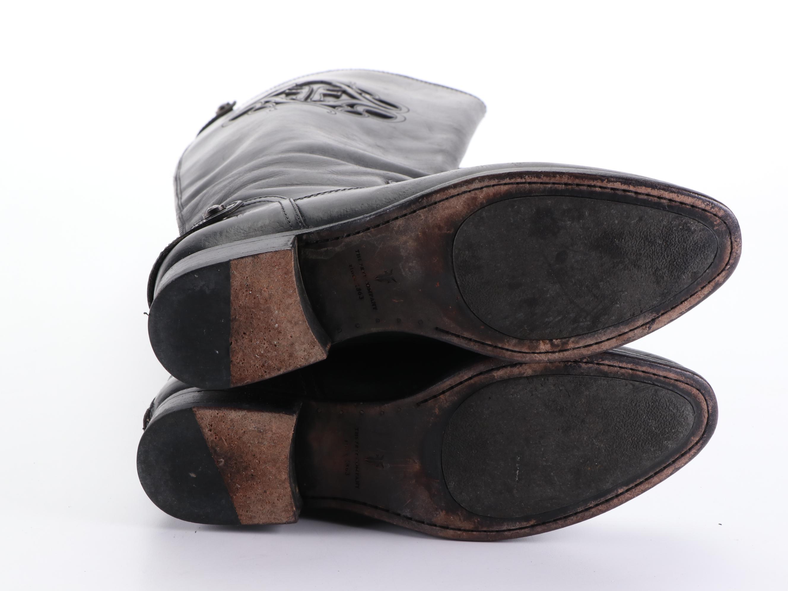 Frye Melissa Boots in Black Leather with Logo Cut-Out