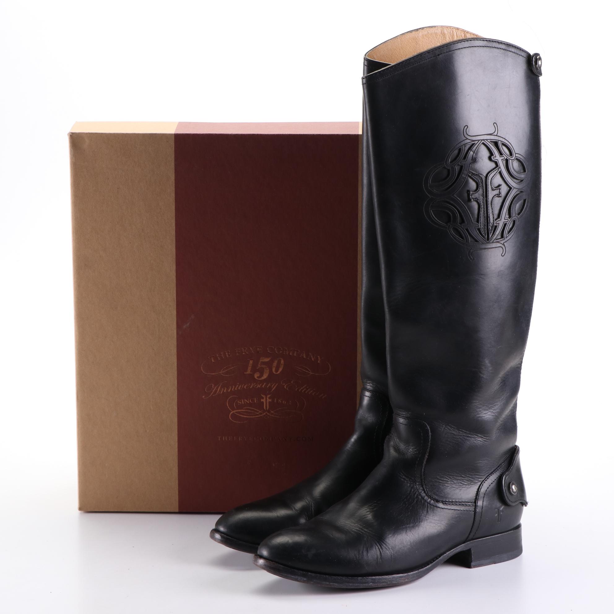 Frye Melissa Boots in Black Leather with Logo Cut-Out