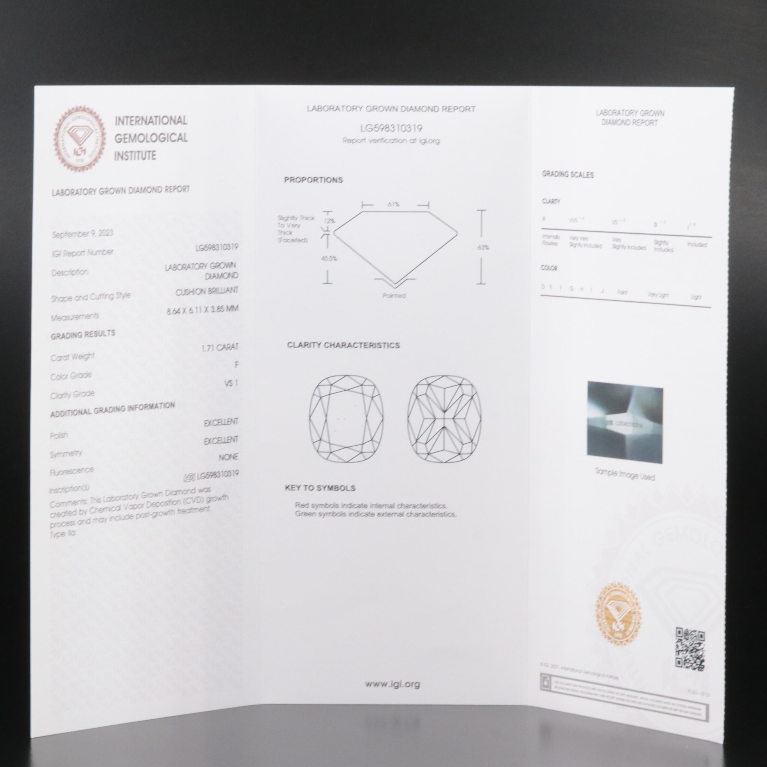 Loose 1.71 CT Lab Grown Diamond with IGI Report