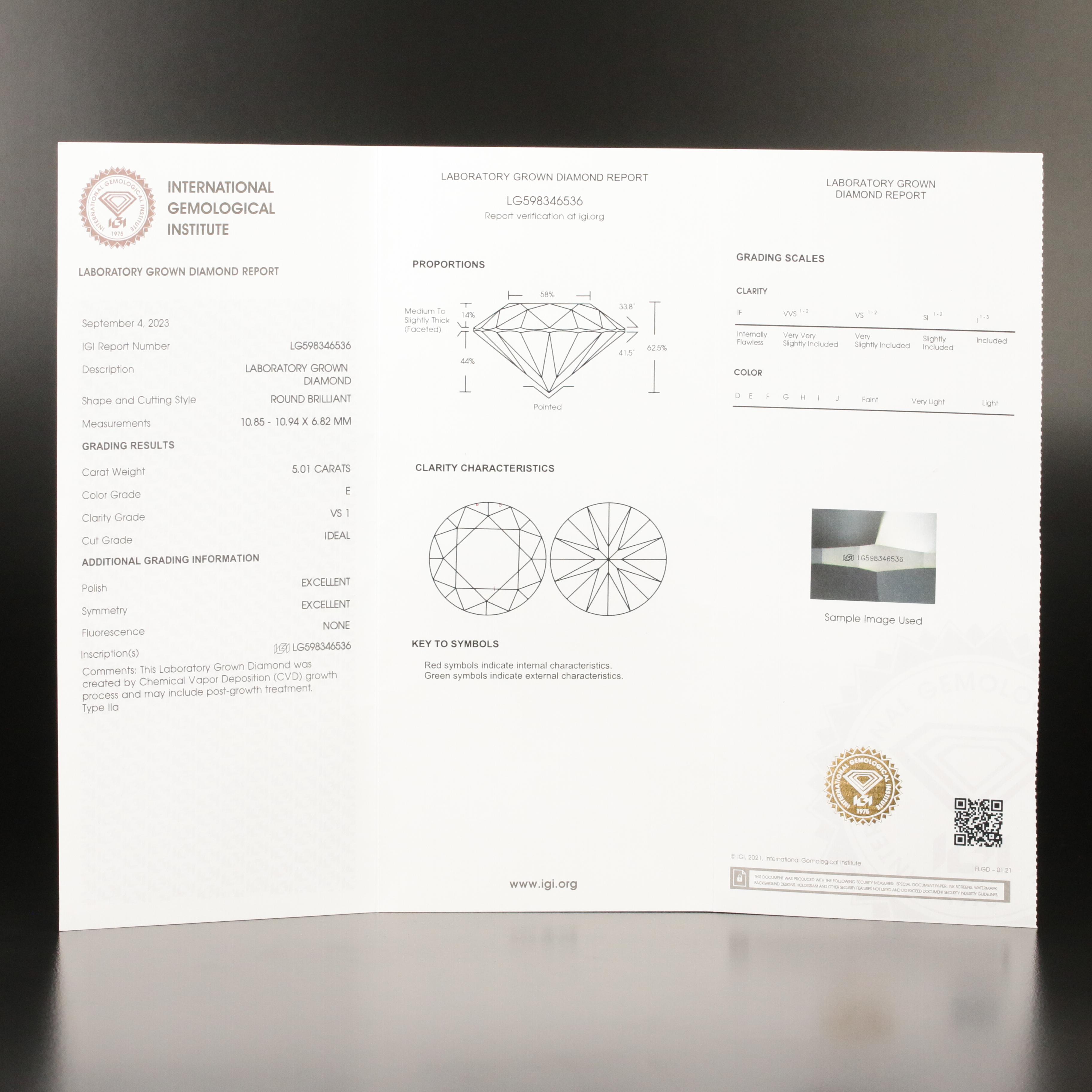 Loose 5.01 CT Round Brilliant Lab Grown Diamond with IGI Report