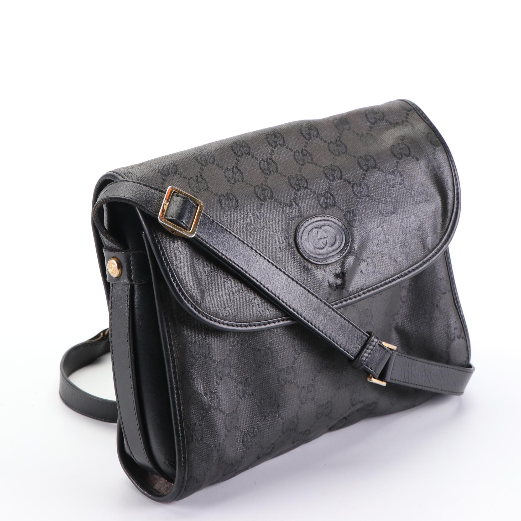 Gucci Flap Front Crossbody Bag in Black GG Coated Canvas and Leather