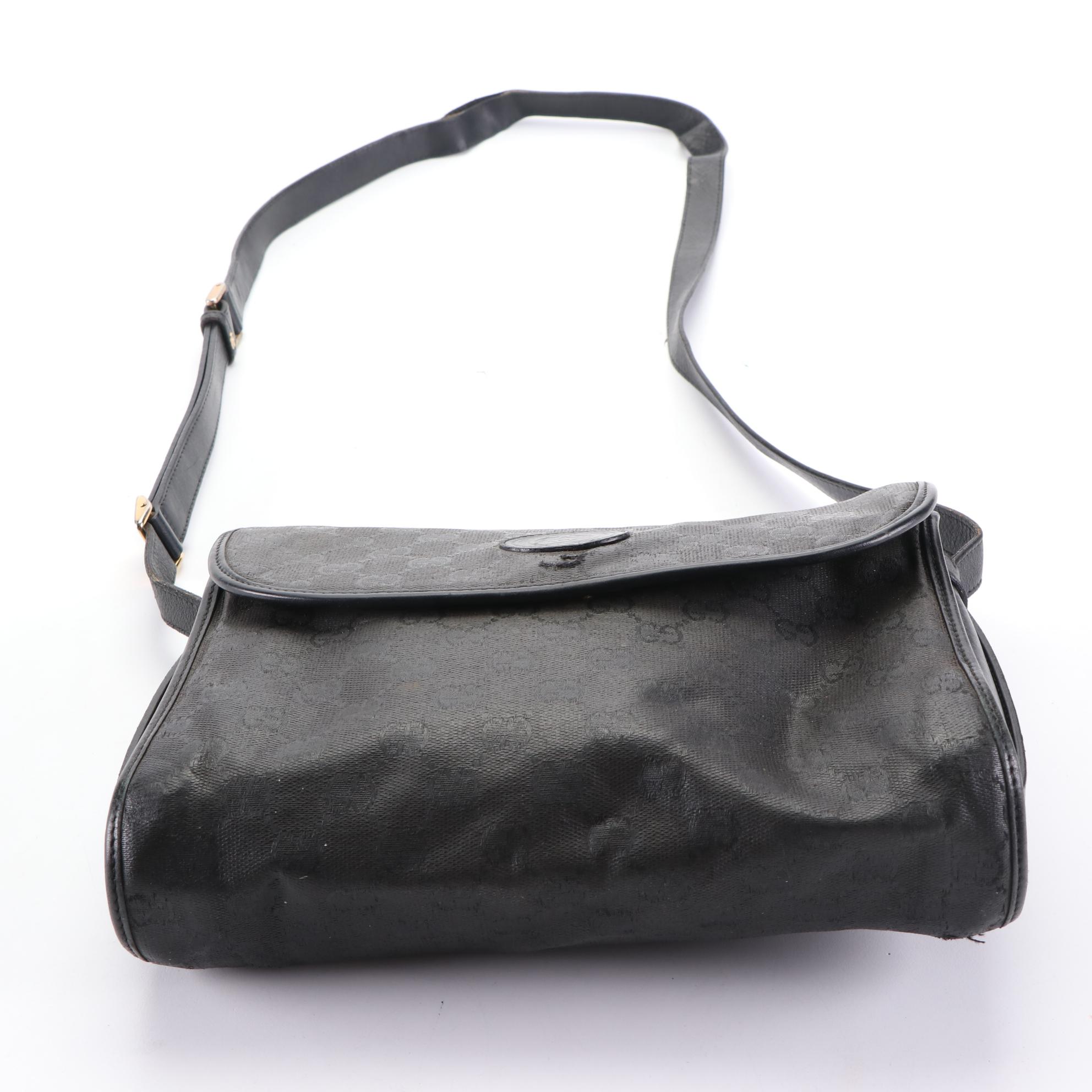 Gucci Flap Front Crossbody Bag in Black GG Coated Canvas and Leather