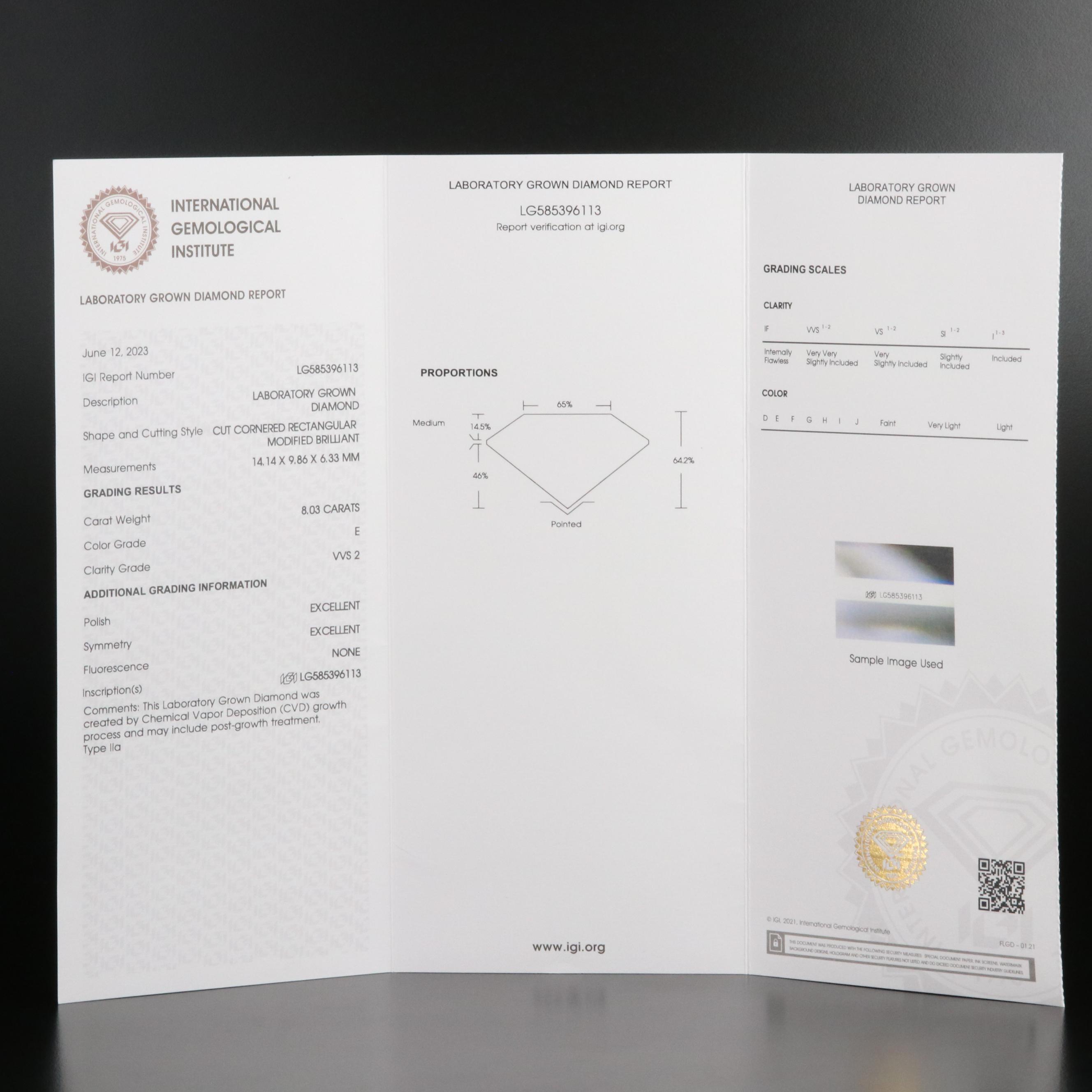 Loose 8.03 CT Lab Grown Diamond with IGI Report