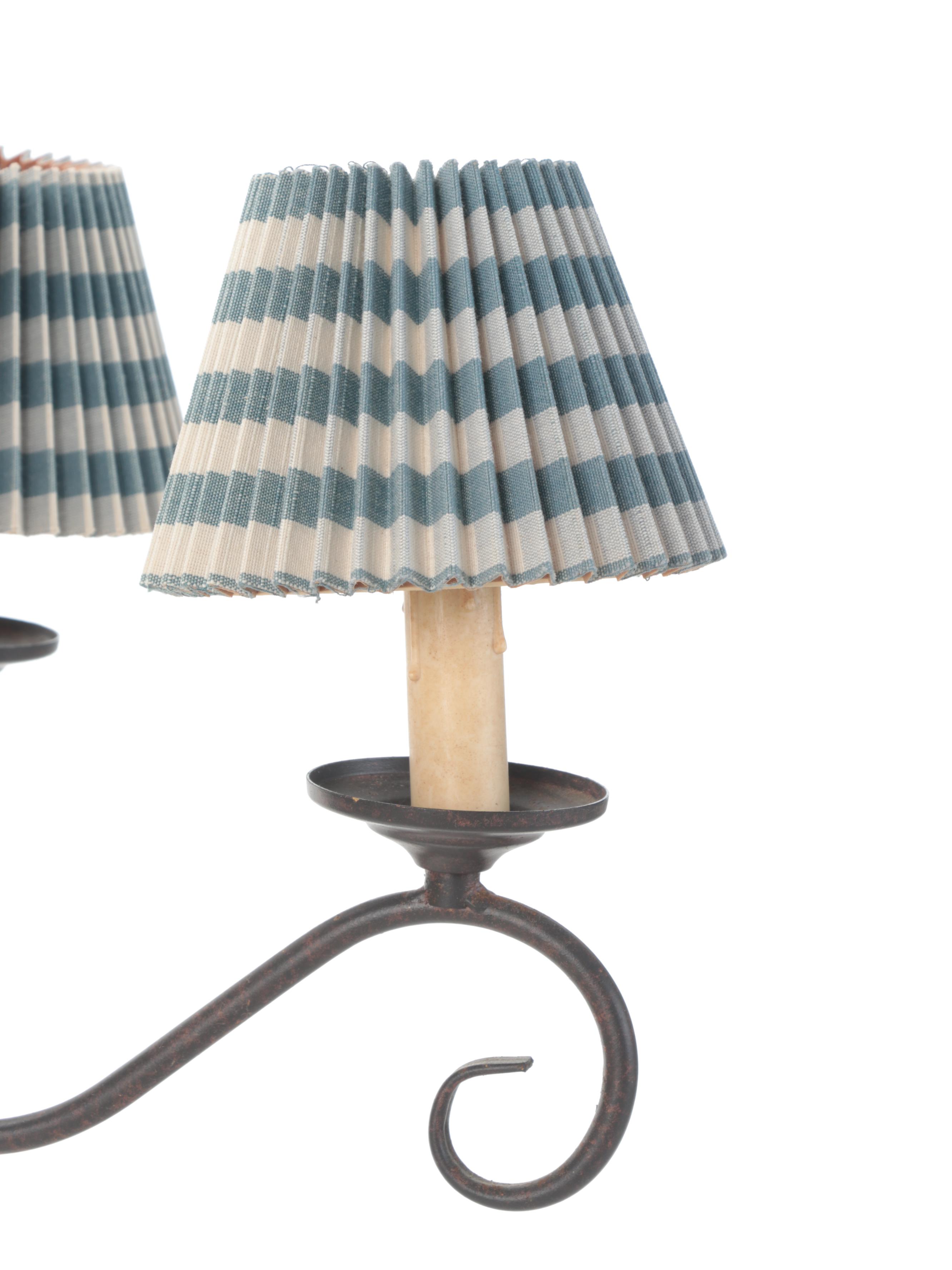 Wrought Iron Primitive Style Chandelier With Pleated Buffalo Plaid Shades
