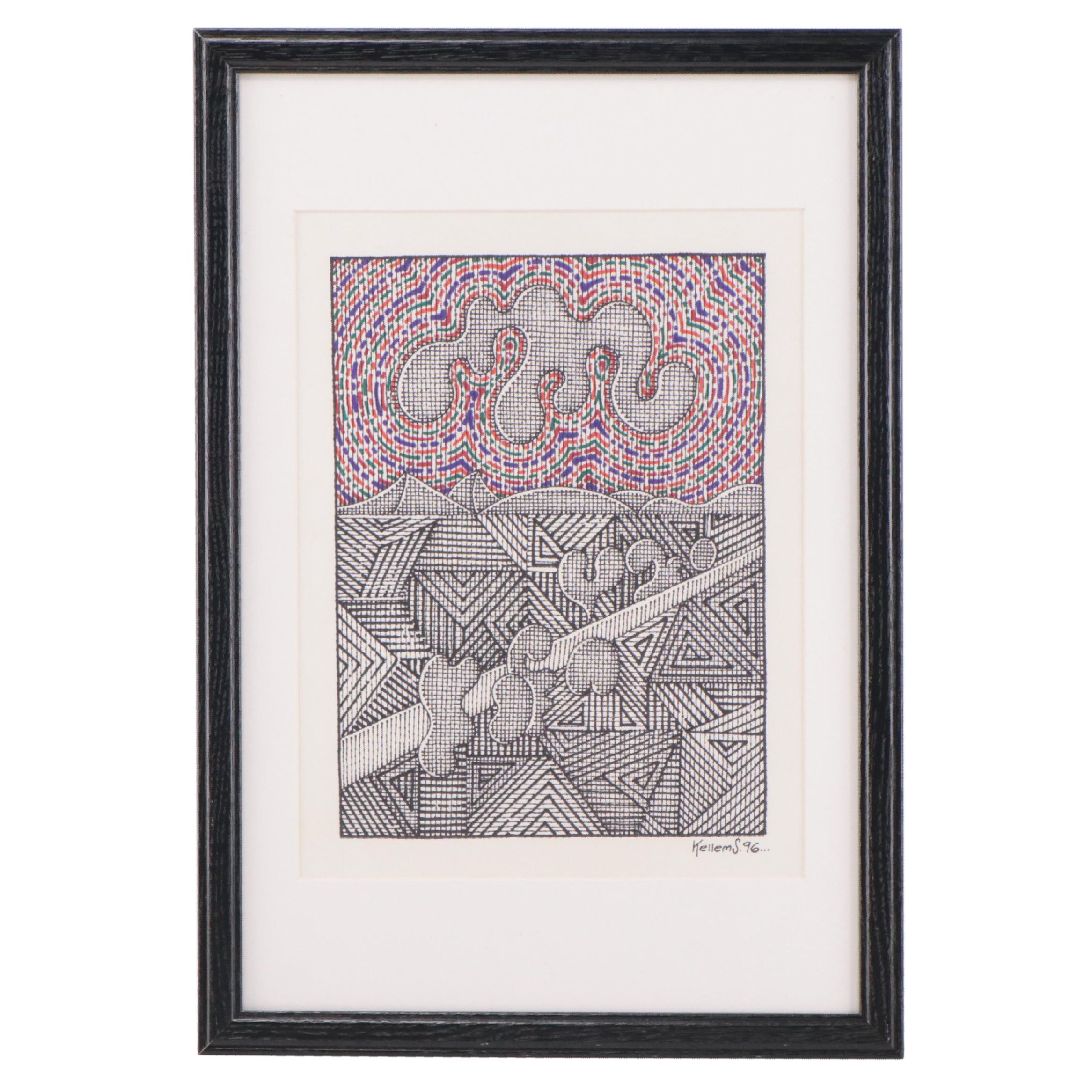 Jerry Kellems Abstract Biomorphic Ink Drawing, 1996